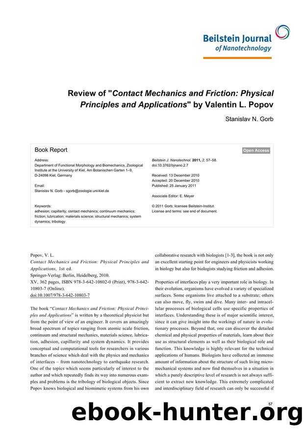 Review of "Contact Mechanics and Friction: Physical Principles and Applications" by Valentin L. Popov by Stanislav N Gorb