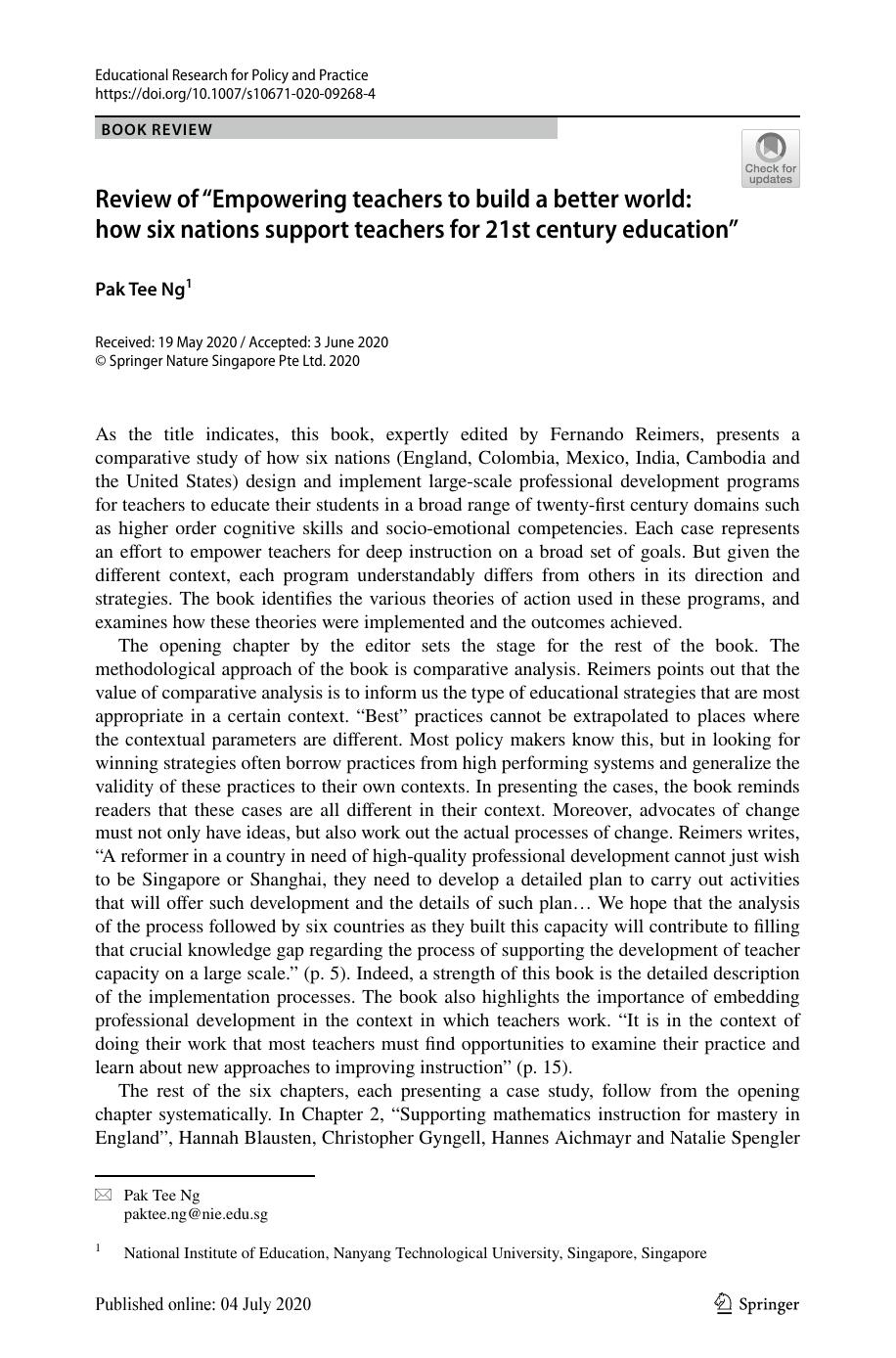 Review of âEmpowering teachers to build a better world: how six nations support teachers for 21st century educationâ by Pak Tee Ng
