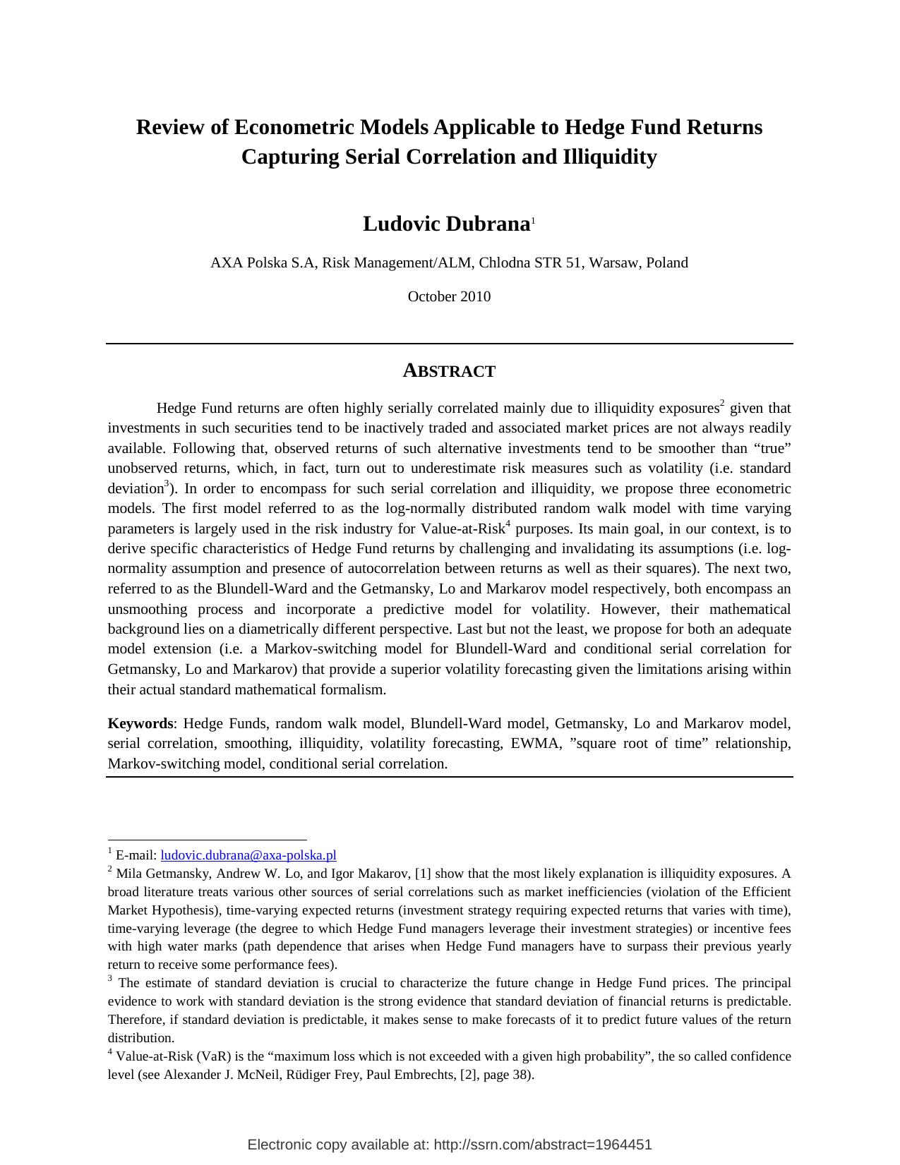 Review of Econometric Models Applicable to Hedge Fund Returns Capturing Serial Correlation and Illiquidity by Dubrana L