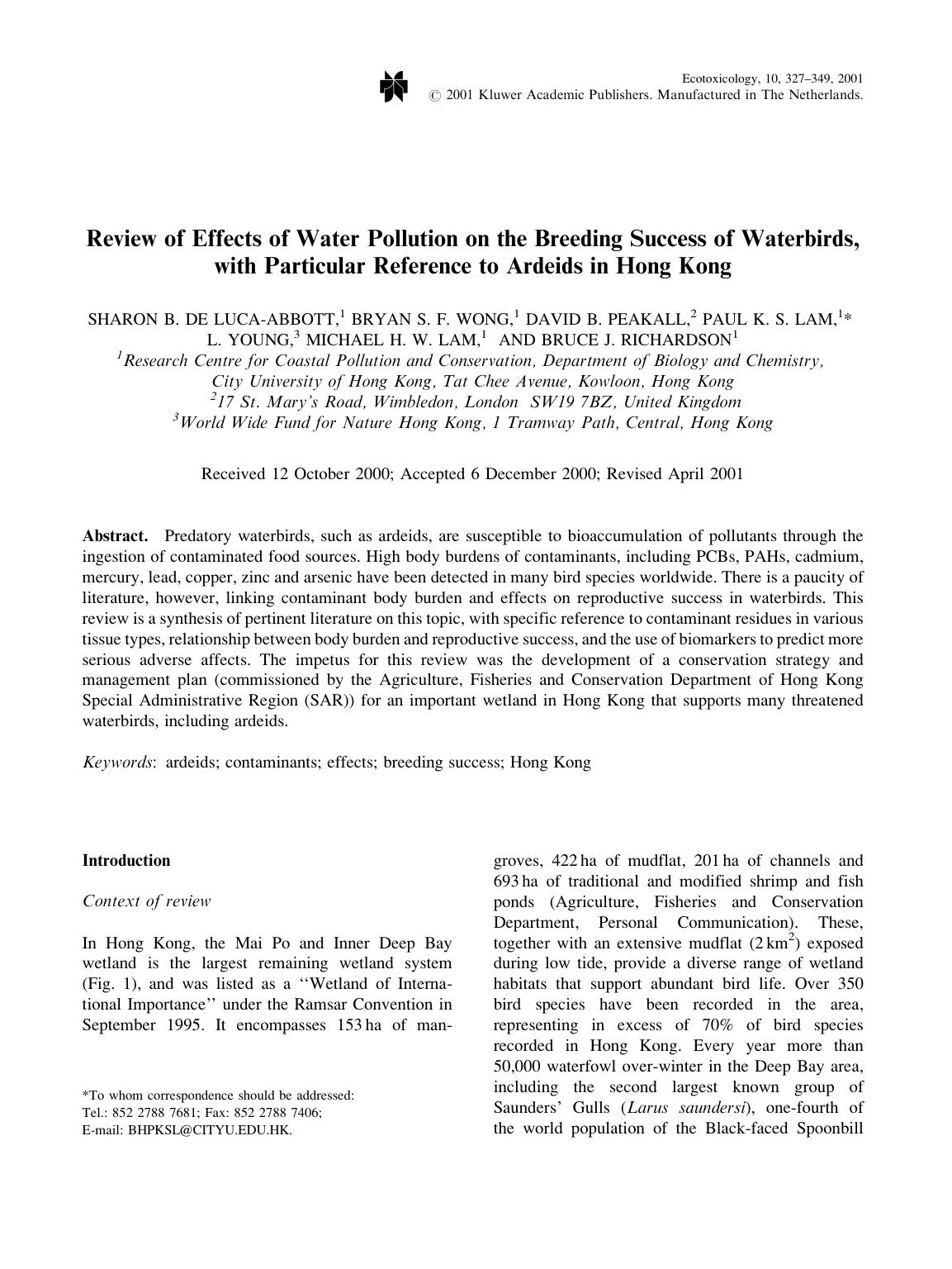 Review of Effects of Water Pollution on the Breeding Success of Waterbirds, with Particular Reference to Ardeids in Hong Kong by Unknown