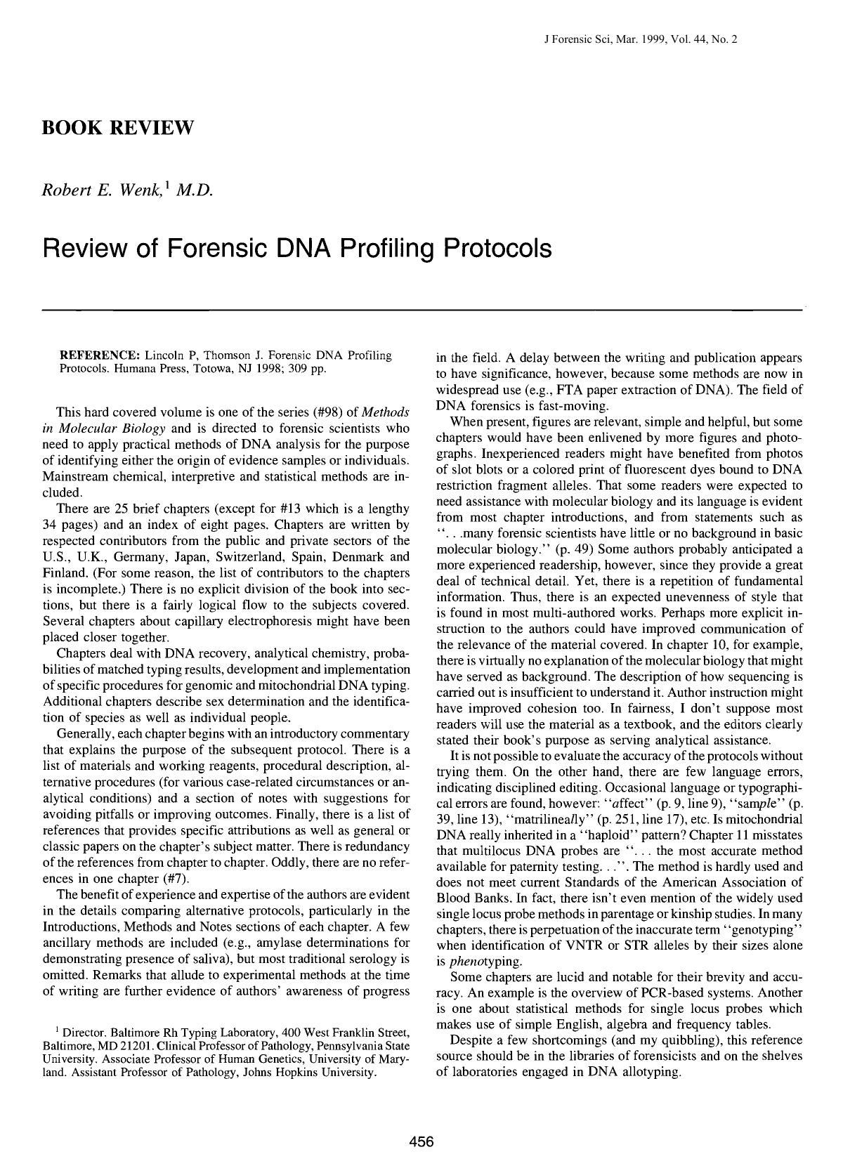 Review of Forensic DNA Profiling Protocols by Wenk RE