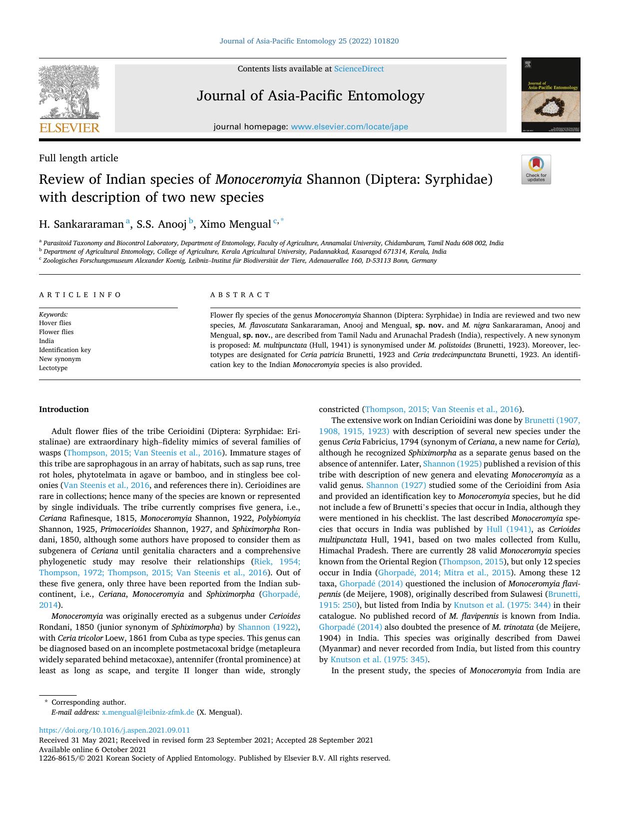 Review of Indian species of Monoceromyia Shannon (Diptera: Syrphidae) with description of two new species by H. Sankararaman S.S. Anooj Ximo Mengual