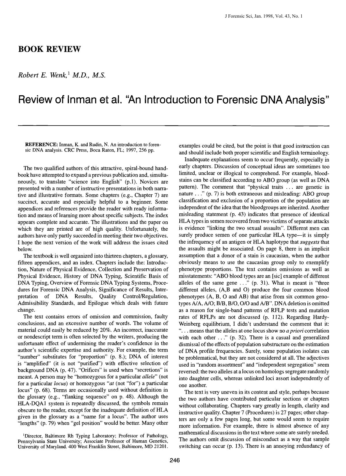 Review of Inman et al. An Introduction to Forensic DNA Analysis by Wenk RE