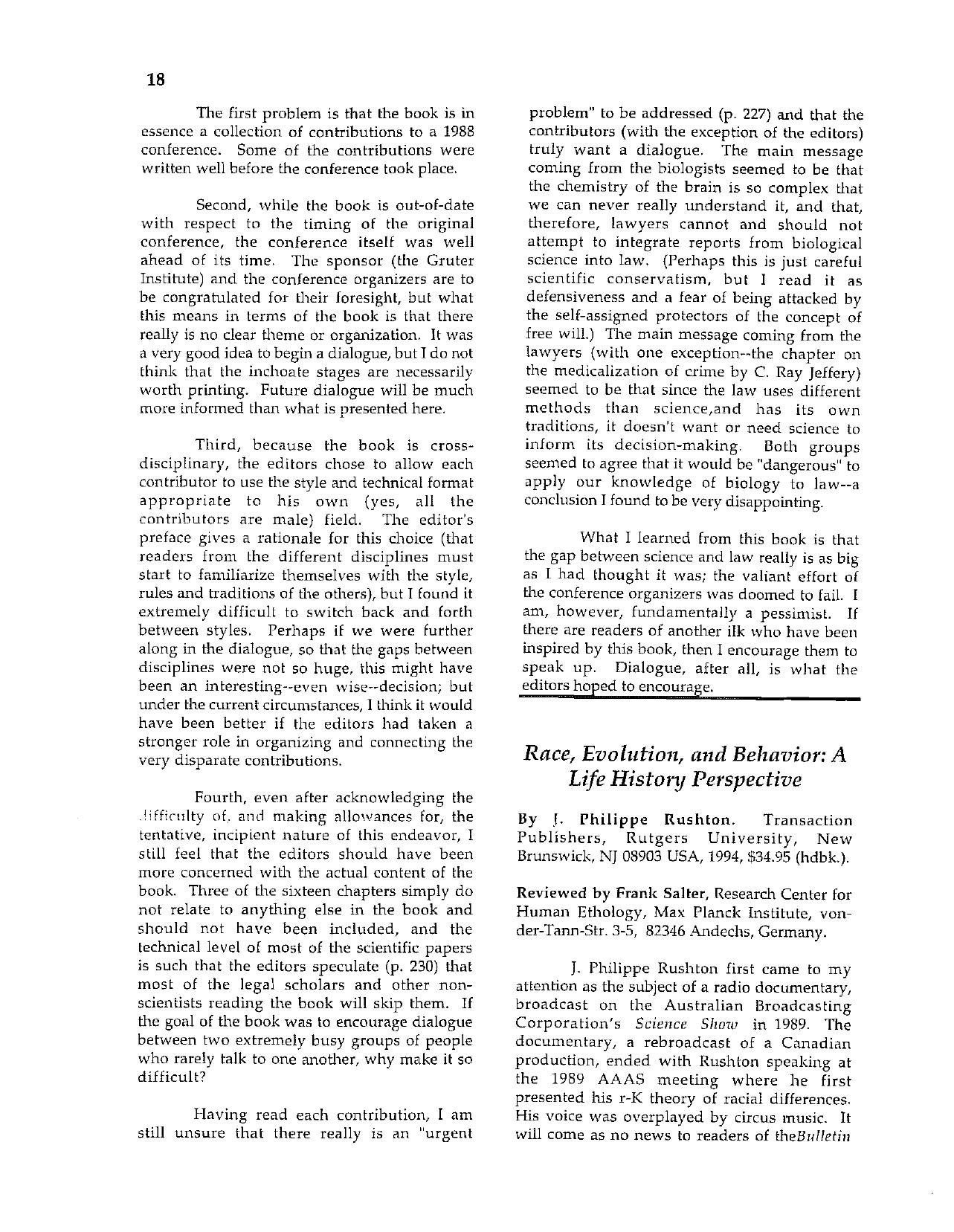 Review of John Philippe Rushton's ''Race, Evolution, and Behavior by A Life History Perspective'' (1996) by Frank Kemp Salter
