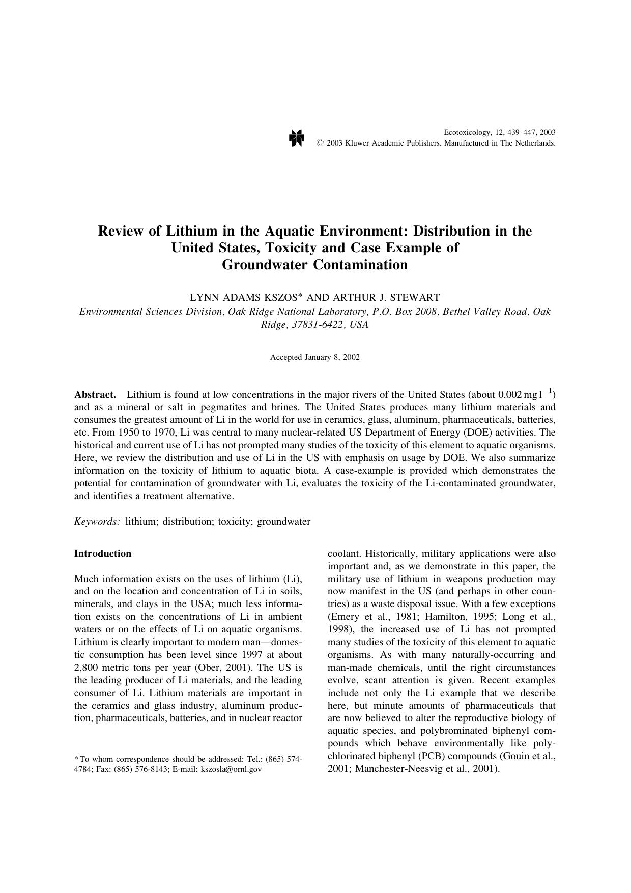 Review of Lithium in the Aquatic Environment: Distribution in the United States, Toxicity and Case Example of Groundwater Contamination by Unknown