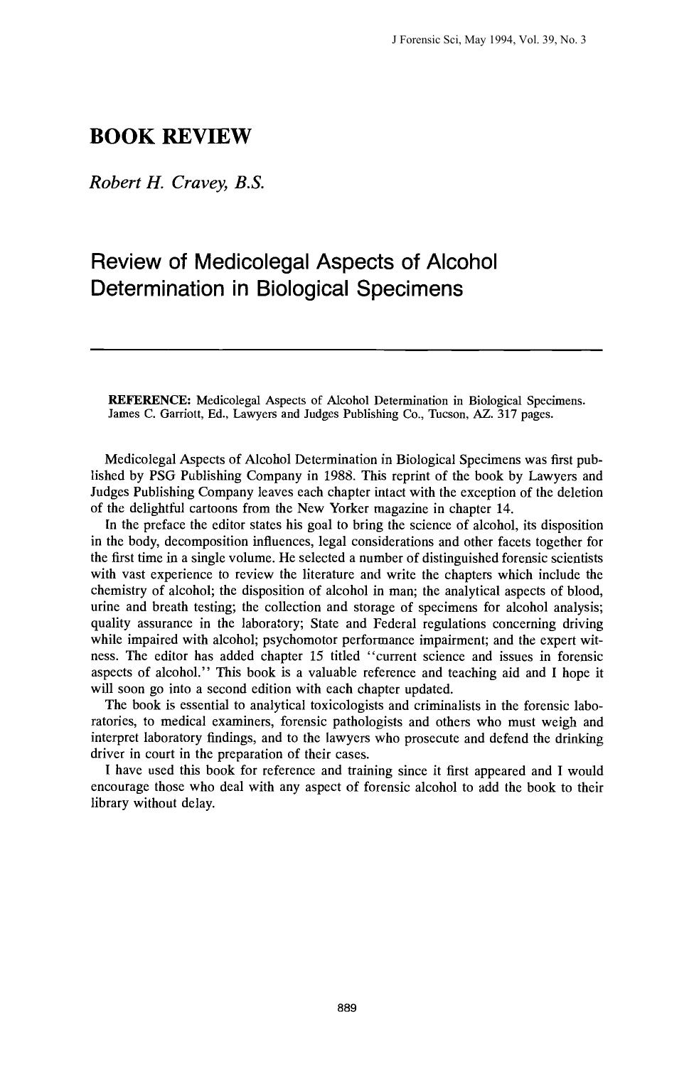 Review of Medicolegal Aspects of Alcohol Determination in Biological Specimens by Cravey RH