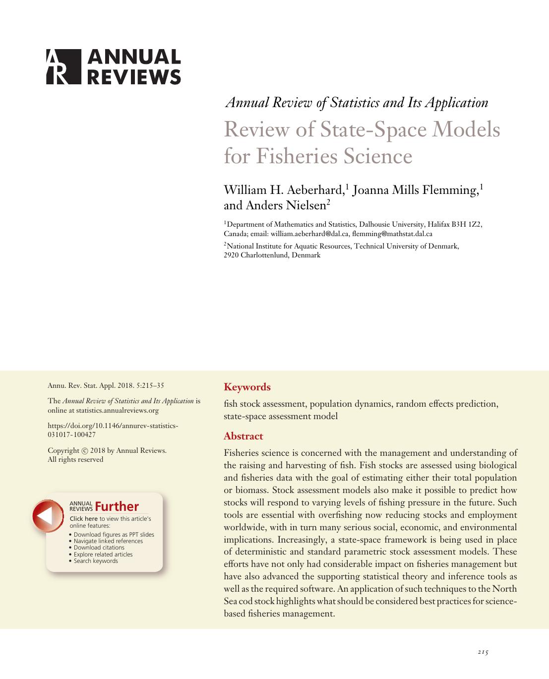 Review of State-Space Models for Fisheries Science by William H. Aeberhard Joanna Mills Flemming Anders Nielsen