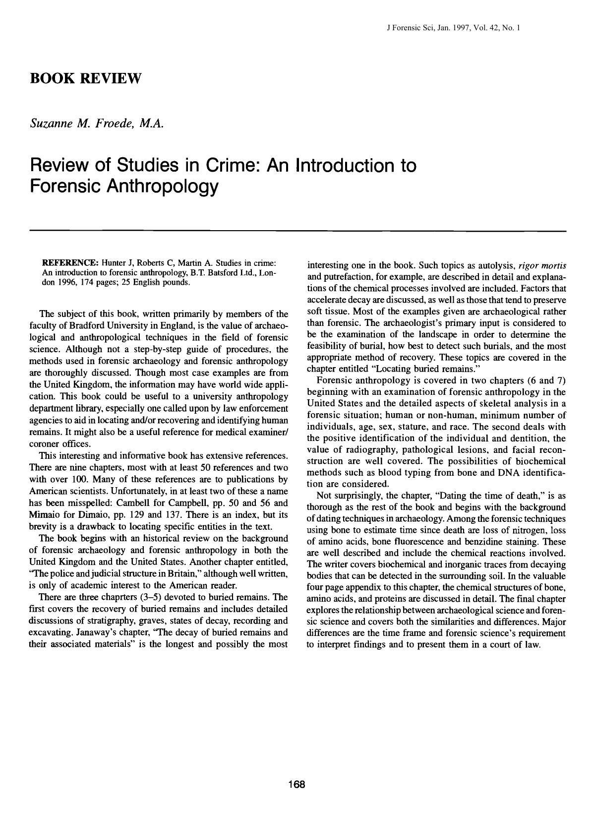 Review of Studies in Crime: An Introduction to Forensic Anthropology by Froede SM