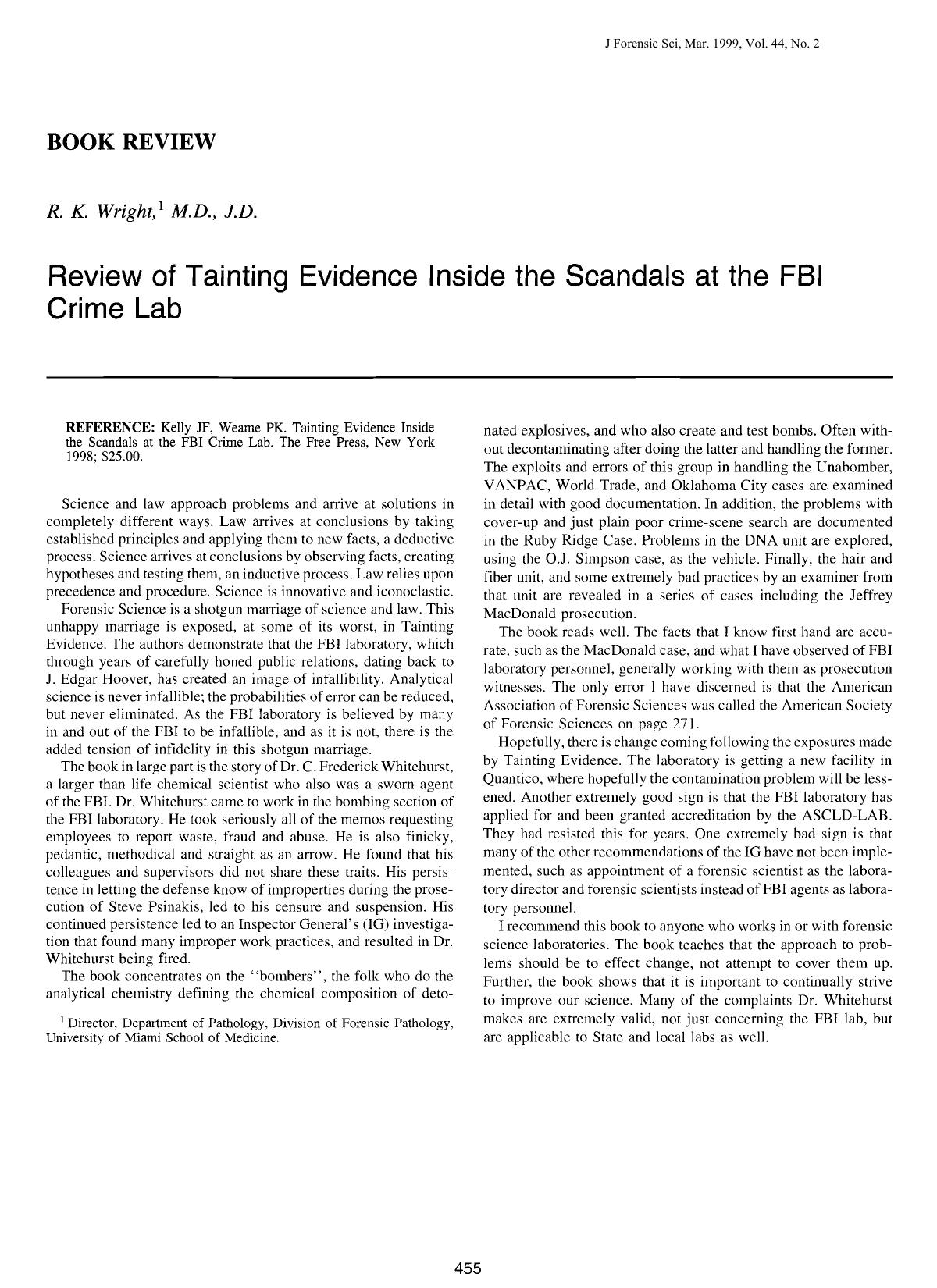 Review of Tainting Evidence Inside the Scandals at the FBI Crime Lab by Wright RK