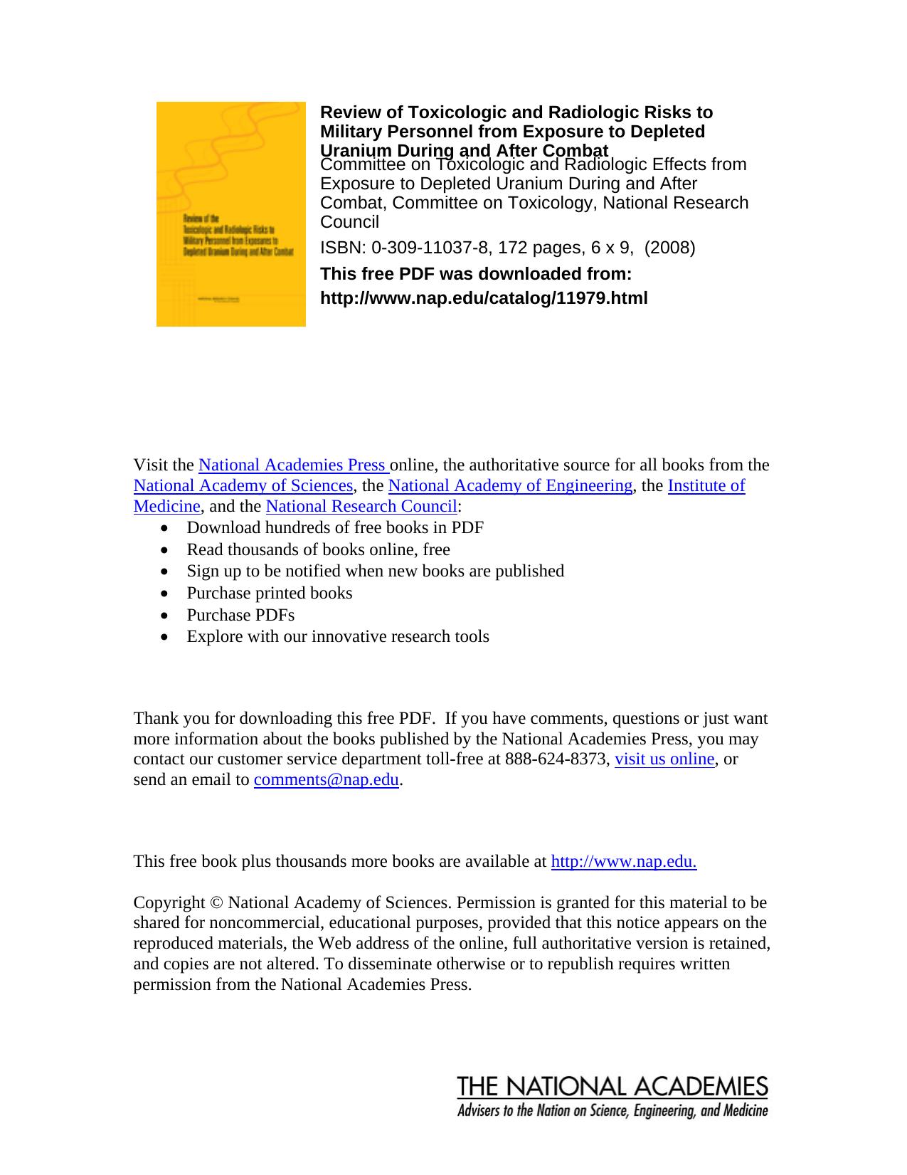 Review of Toxicologic and Radiologic Risks to Military Personnel from Exposure to Depleted Uranium During and After Combat by National Research Council (U. S.)