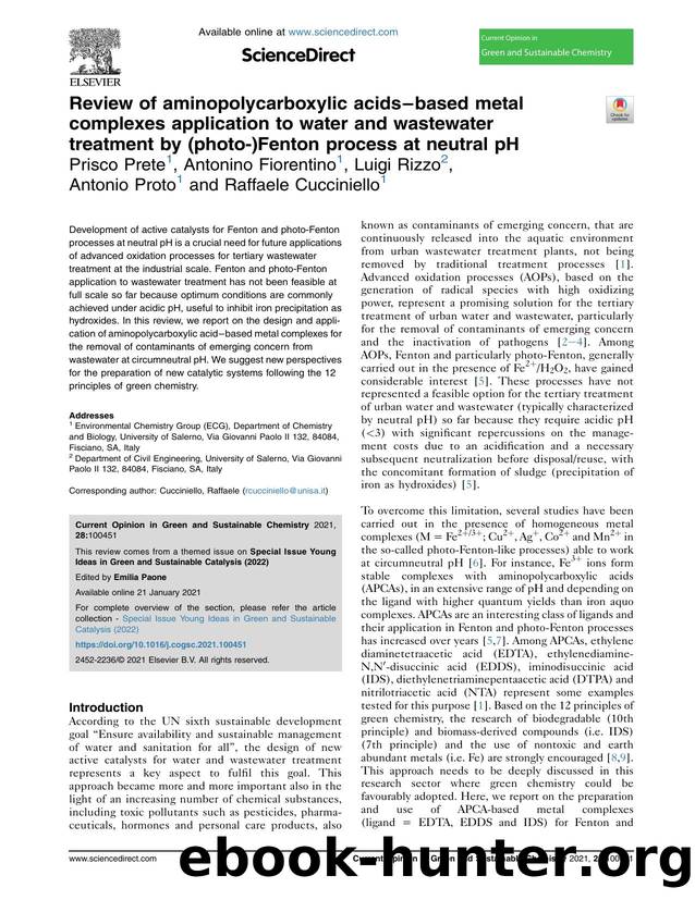 Review of aminopolycarboxylic acids-based metal complexes&nbsp;application to water and wastewater treatment by (photo-)Fenton process at neutral pH by Prisco Prete & Antonino Fiorentino & Luigi Rizzo & Antonio Proto & Raffaele Cucciniello