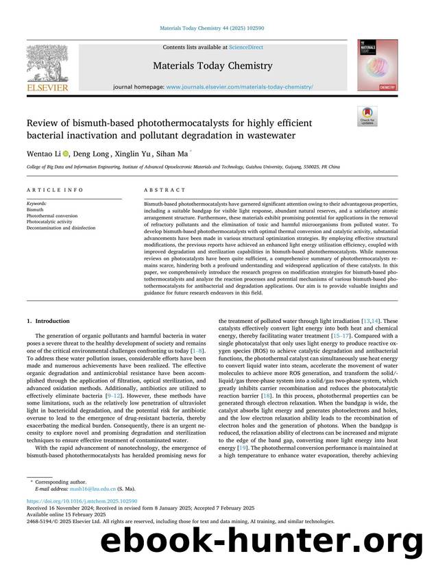 Review of bismuth-based photothermocatalysts for highly efficient bacterial inactivation and pollutant degradation in wastewater by Wentao Li & Deng Long & Xinglin Yu & Sihan Ma