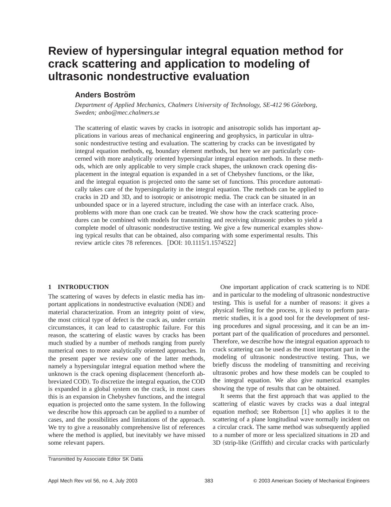 Review of hypersingular integral equation method for crack scattering and application to modeling of ultrasonic nondestructive evaluation by Anders Bostrom