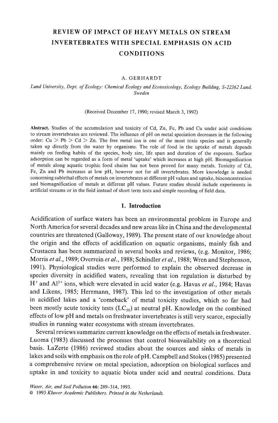 Review of impact of heavy metals on stream invertebrates with special emphasis on acid conditions by Unknown