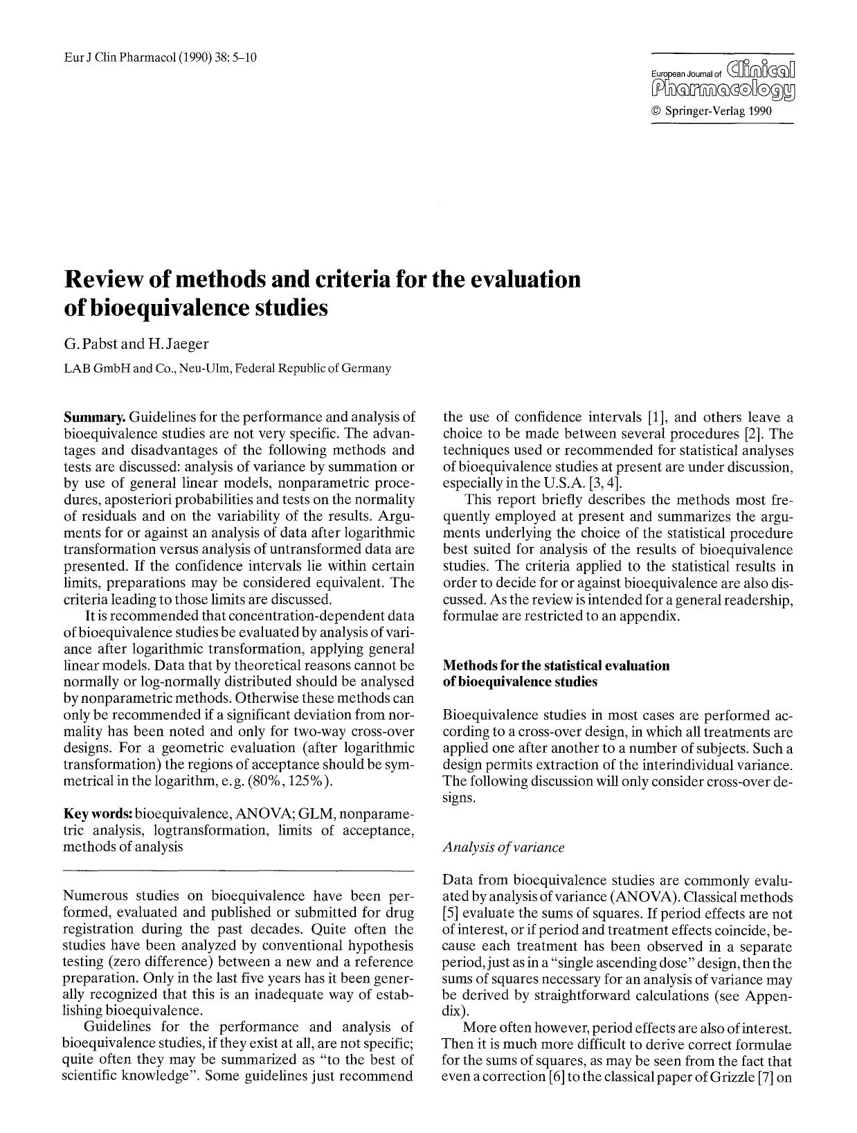 Review of methods and criteria for the evaluation of bioequivalence studies by Unknown