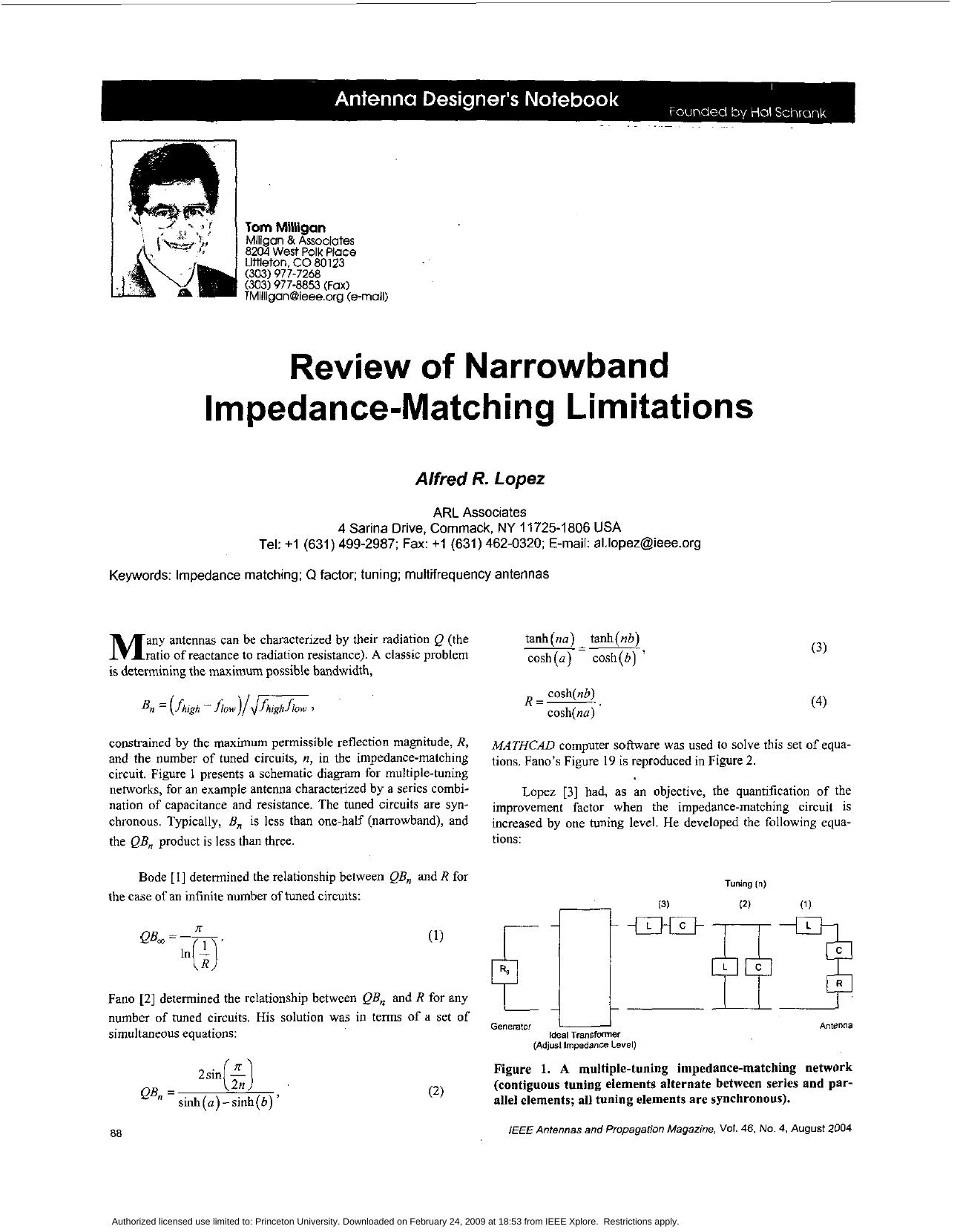 Review of narrowband impedance-matching limitations - Antennas and Propagation Magazine, IEEE by Unknown