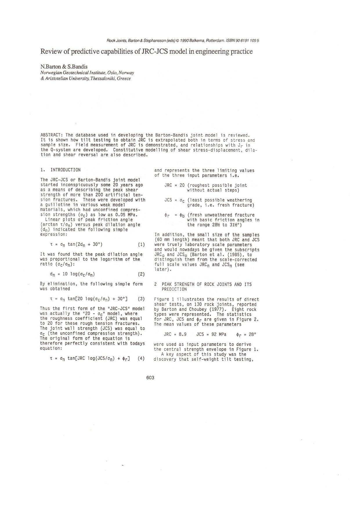 Review of predictive capabilities of JRC-JCS model in engineering practice by Barton N.R. Bandis S.C