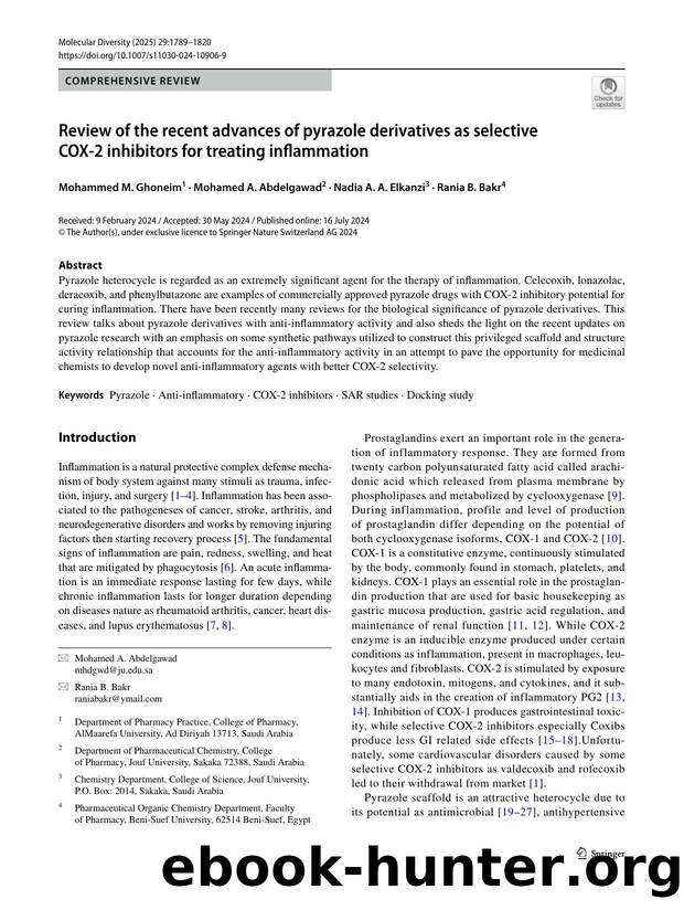 Review of the recent advances of pyrazole derivatives as selective COX-2 inhibitors for treating inflammation by Mohammed M. Ghoneim & Mohamed A. Abdelgawad & Nadia A. A. Elkanzi & Rania B. Bakr