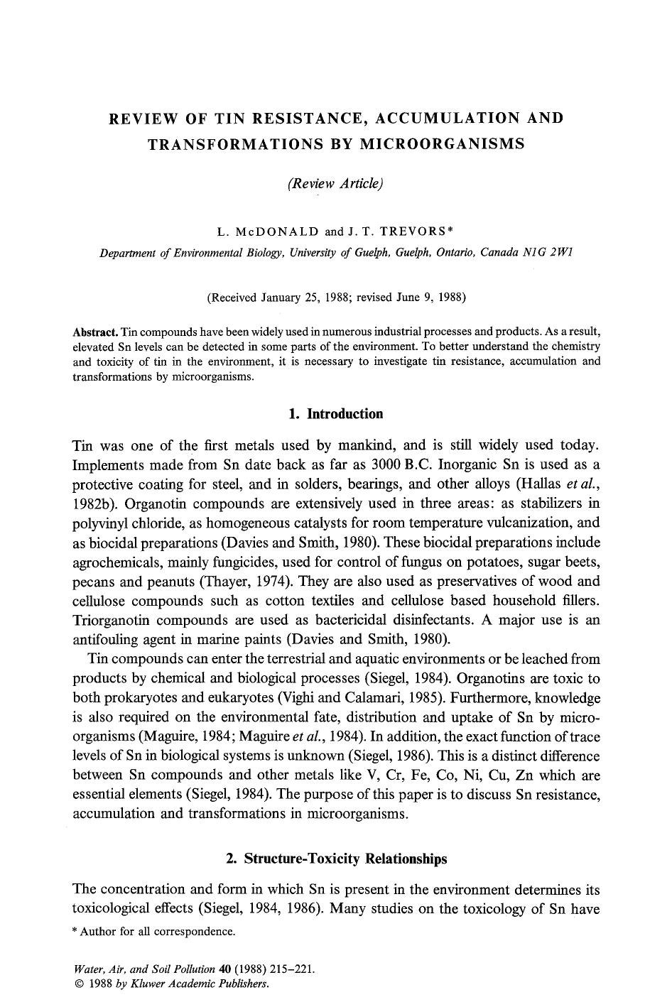 Review of tin resistance, accumulation and transformations by microorganisms by Unknown