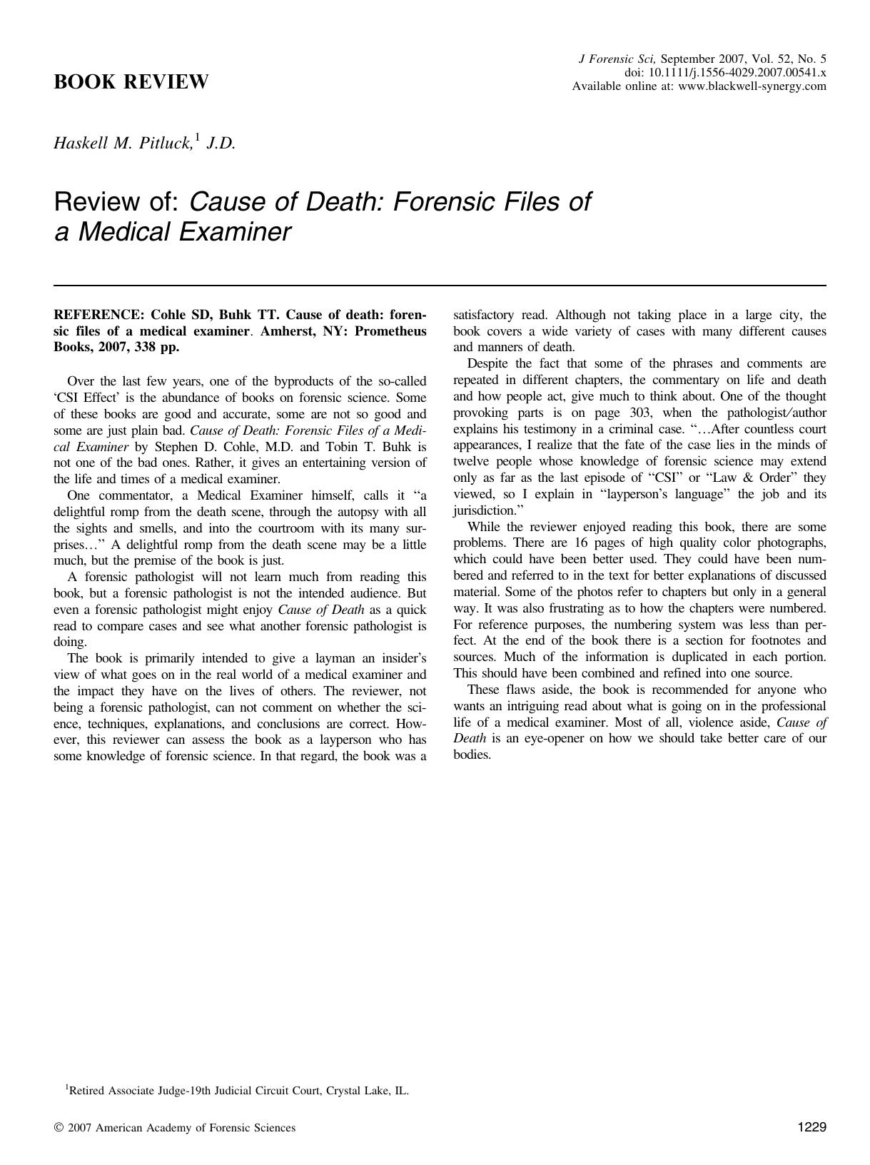 Review of: Cause of Death: Forensic Files of a Medical Examiner by Unknown
