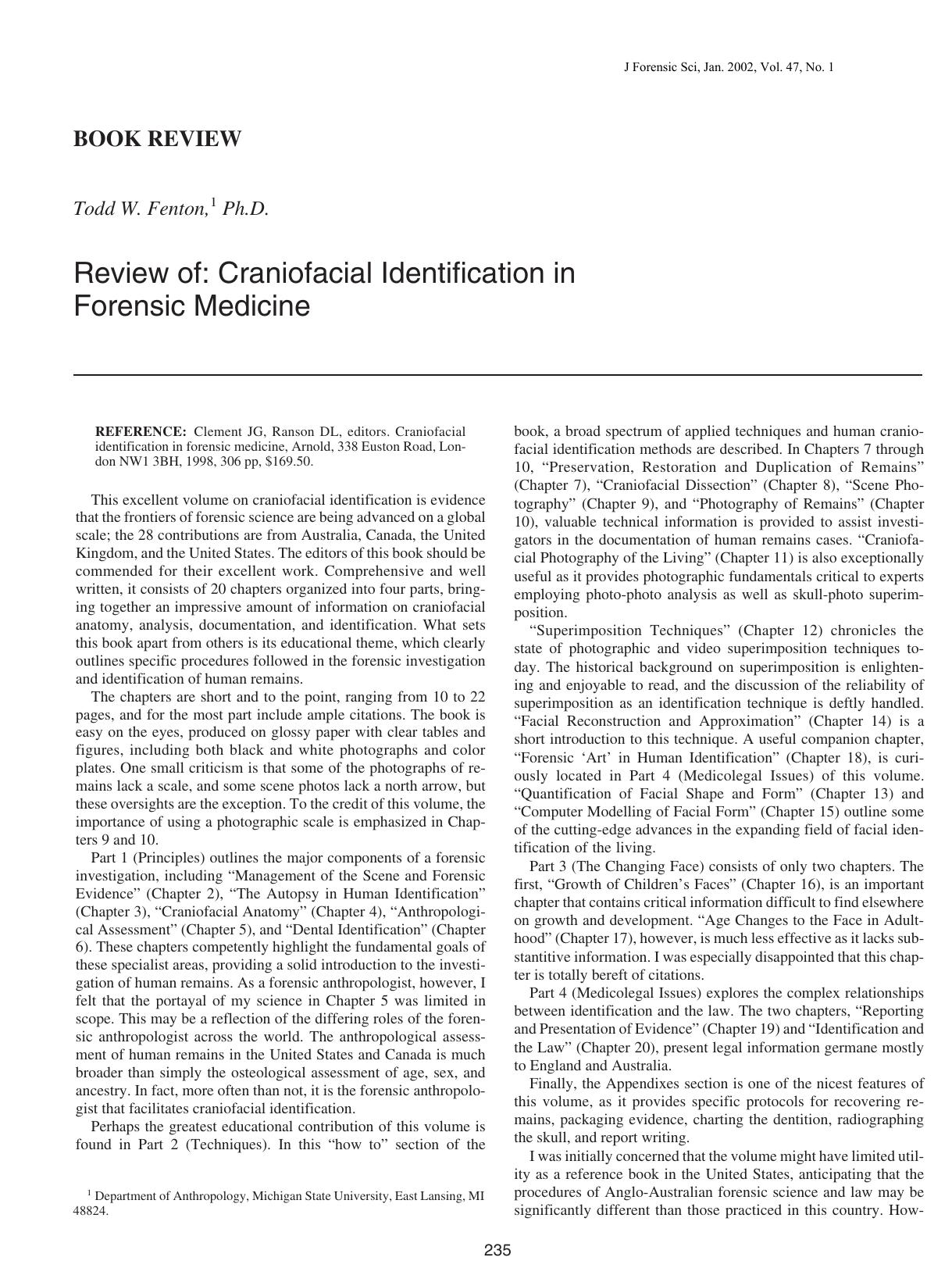 Review of: Craniofacial identification in forensic medicine by Fenton TW
