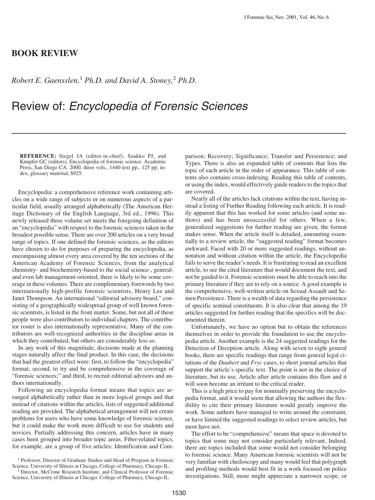 Review of: Encyclopedia of forensic sciences by Gaensslen RE Stoney DA