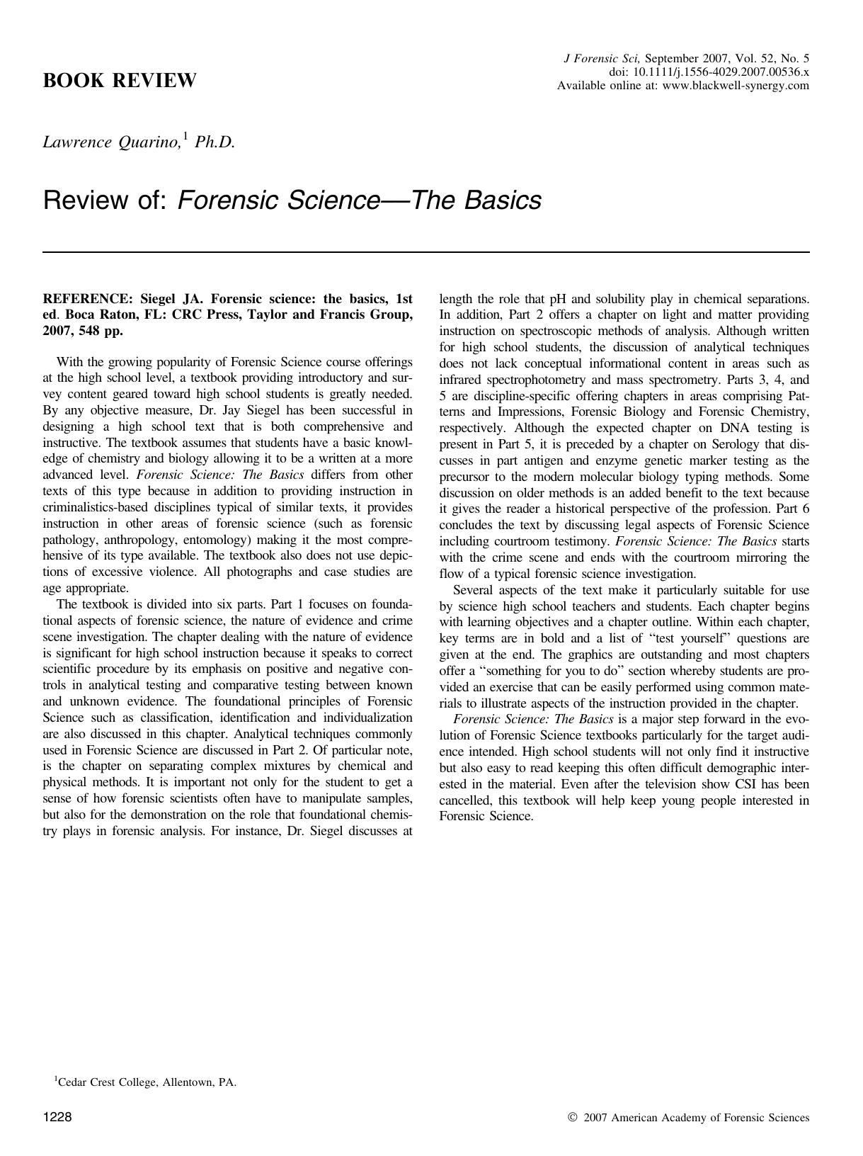 Review of: Forensic ScienceââThe Basics by Unknown