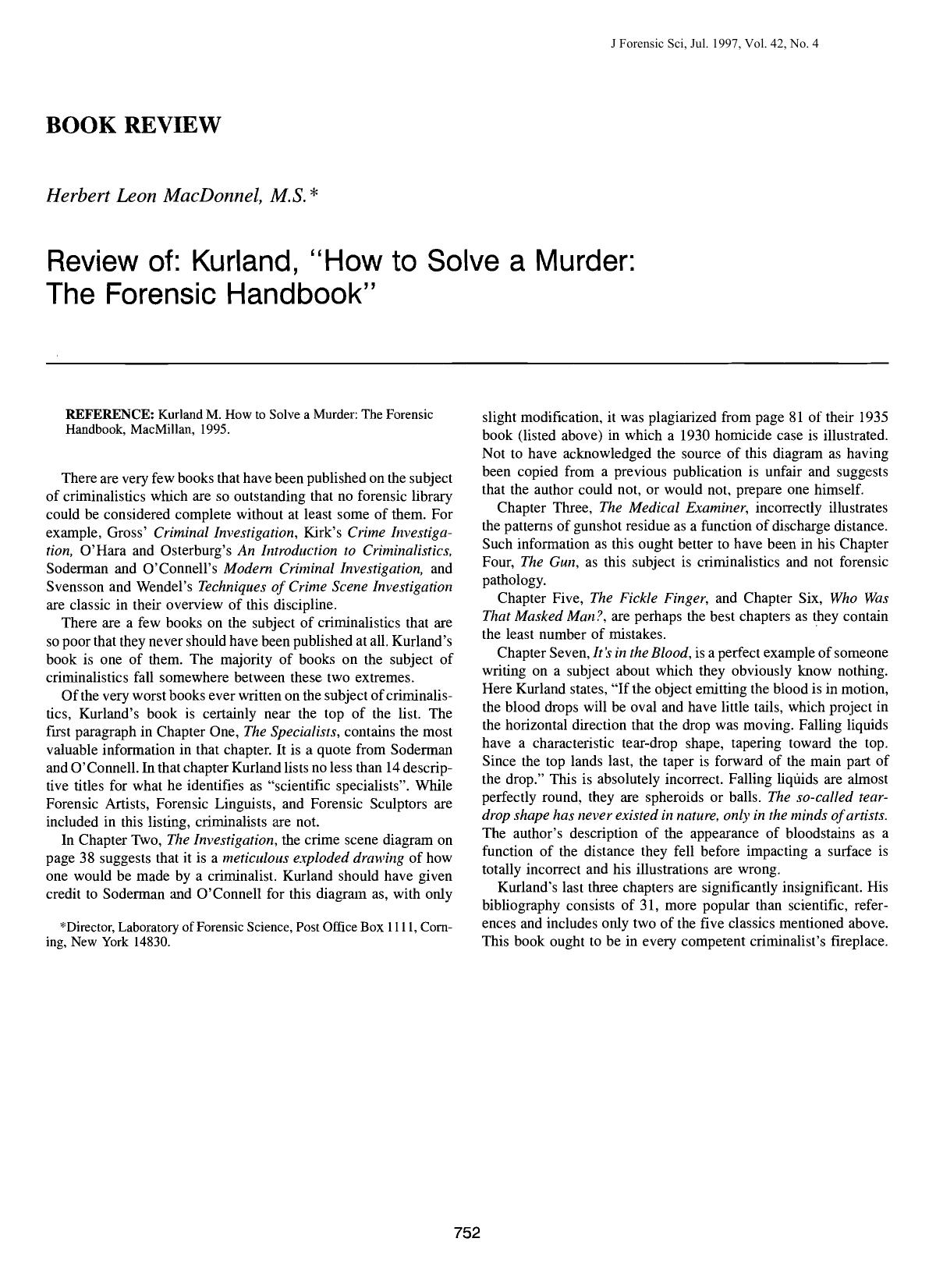 Review of: Kurland, How to Solve a Murder: The Forensic Handbook by MacDonnel HL