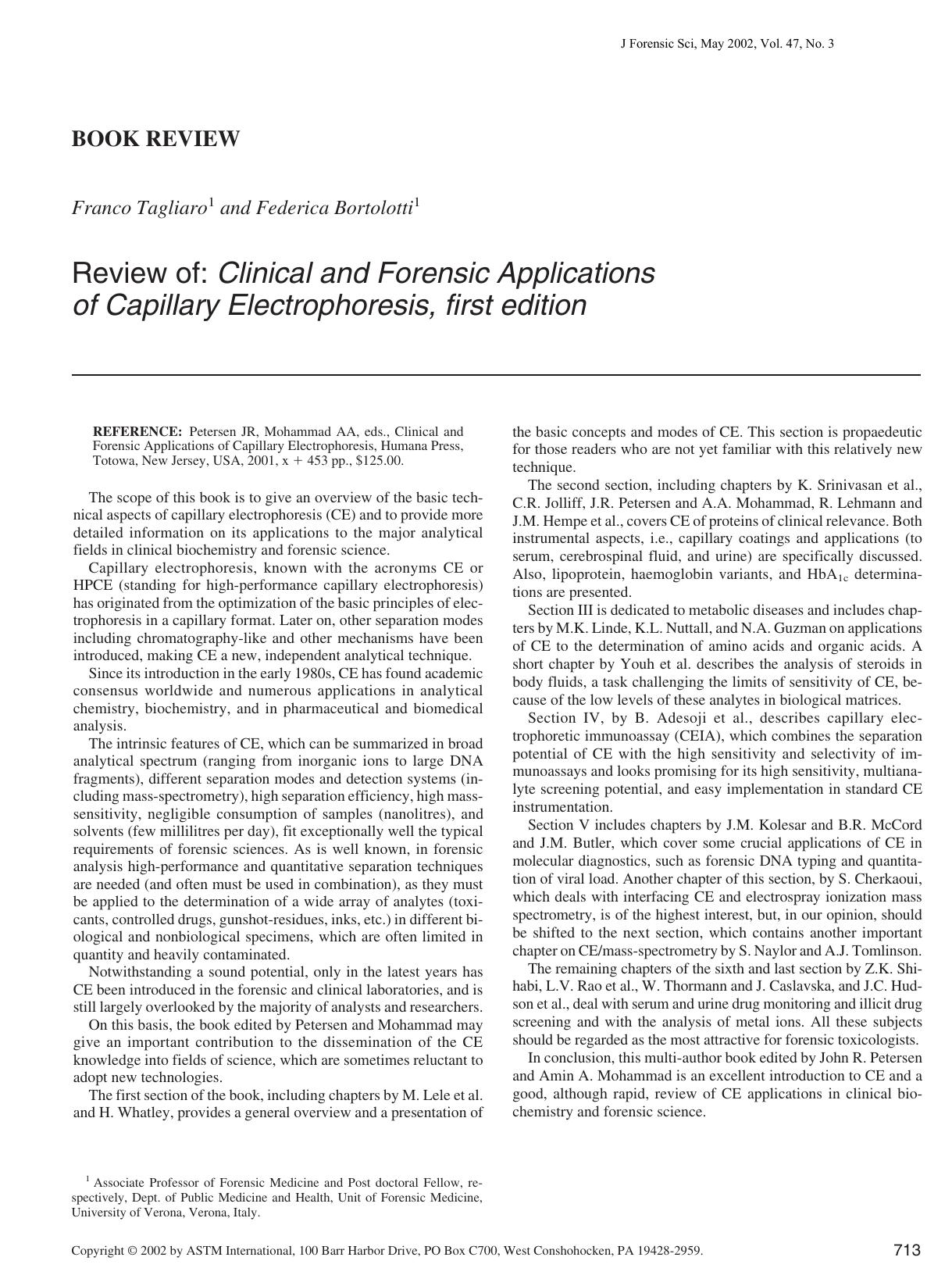 Review of: clinical and forensic applications of capillary electrophoresis, first edition by Tagliaro F Bortolotti F