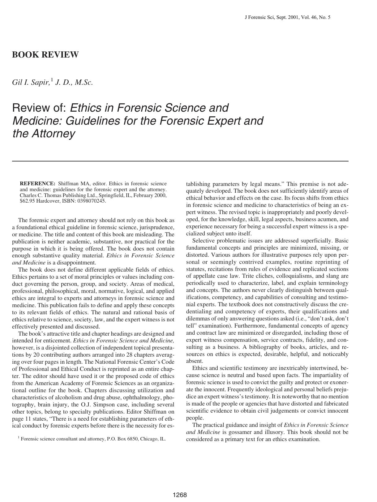 Review of: ethics in forensic science and medicine: guidelines for the forensic expert and the attorney by Sapir GI
