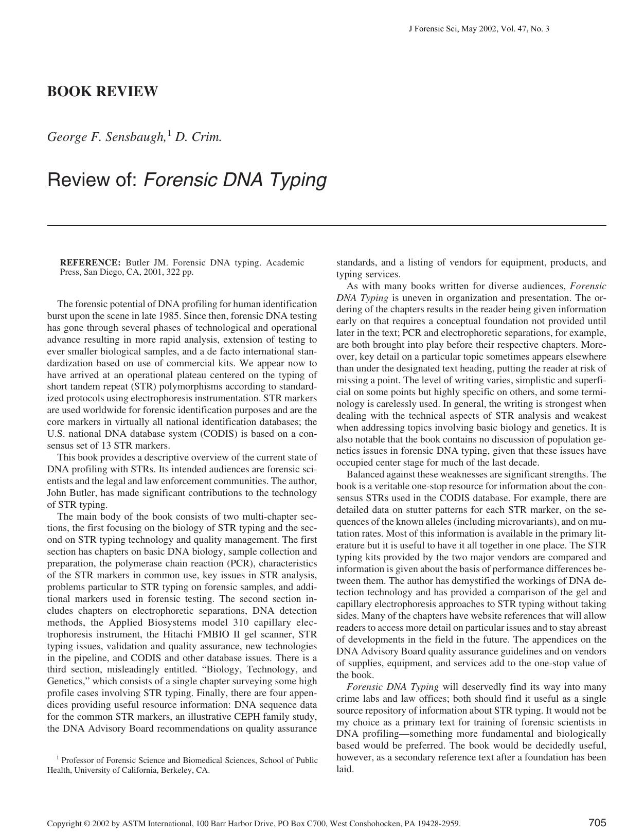 Review of: forensic DNA typing by Sensbaugh GF