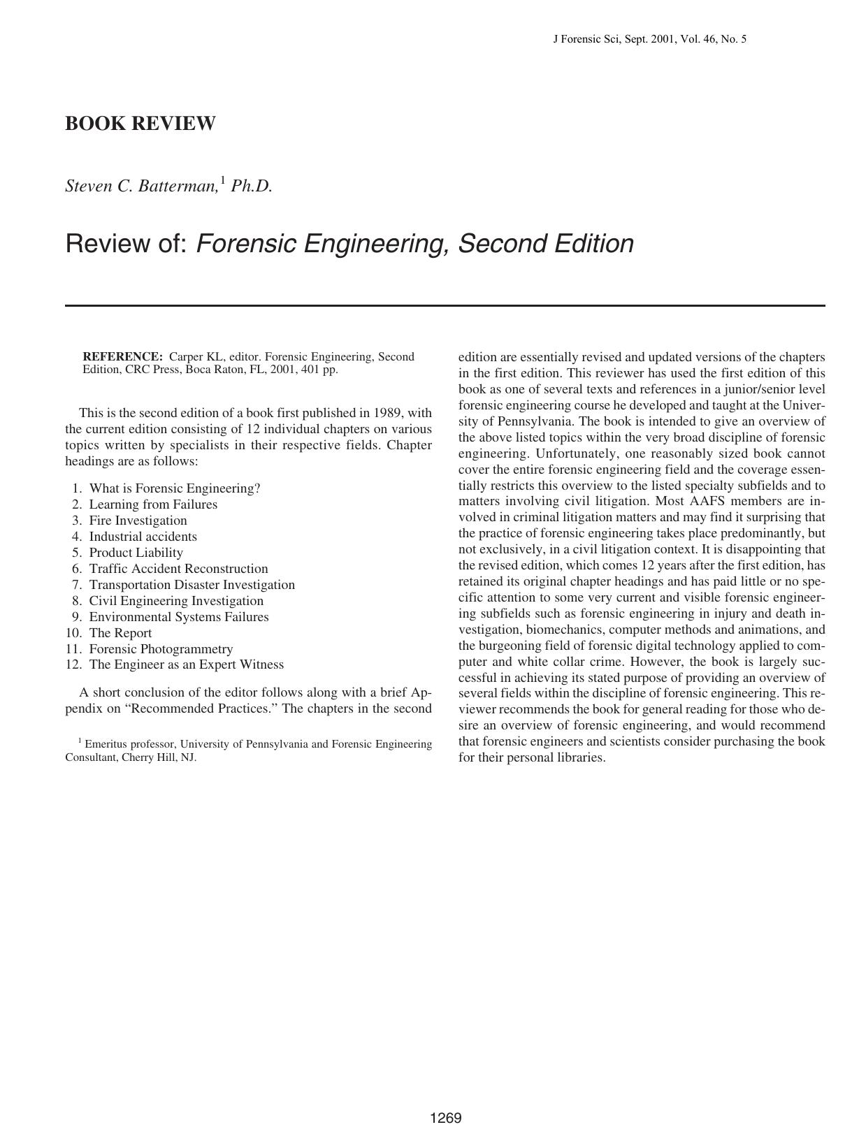 Review of: forensic engineering, second edition by Batterman SC