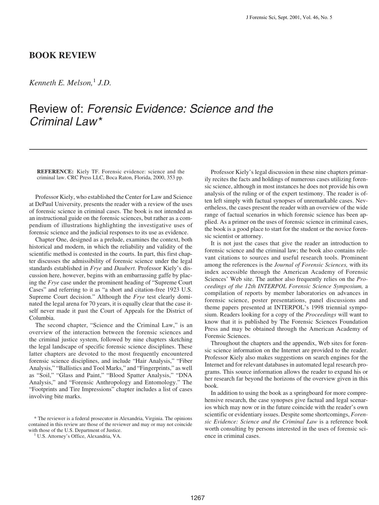 Review of: forensic evidence: science and the criminal law by Melson KE