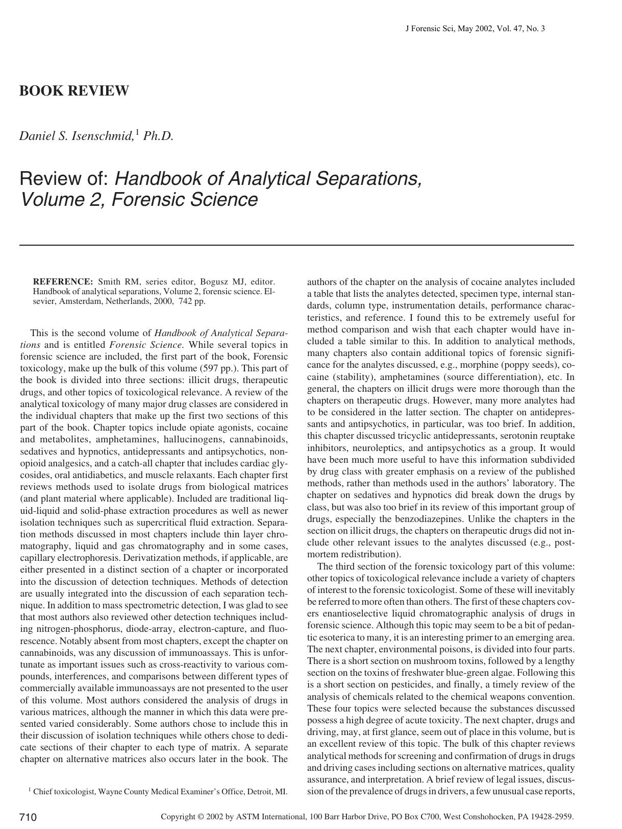 Review of: handbook of analytical separations, volume 2, forensic science by Isenschmid DS