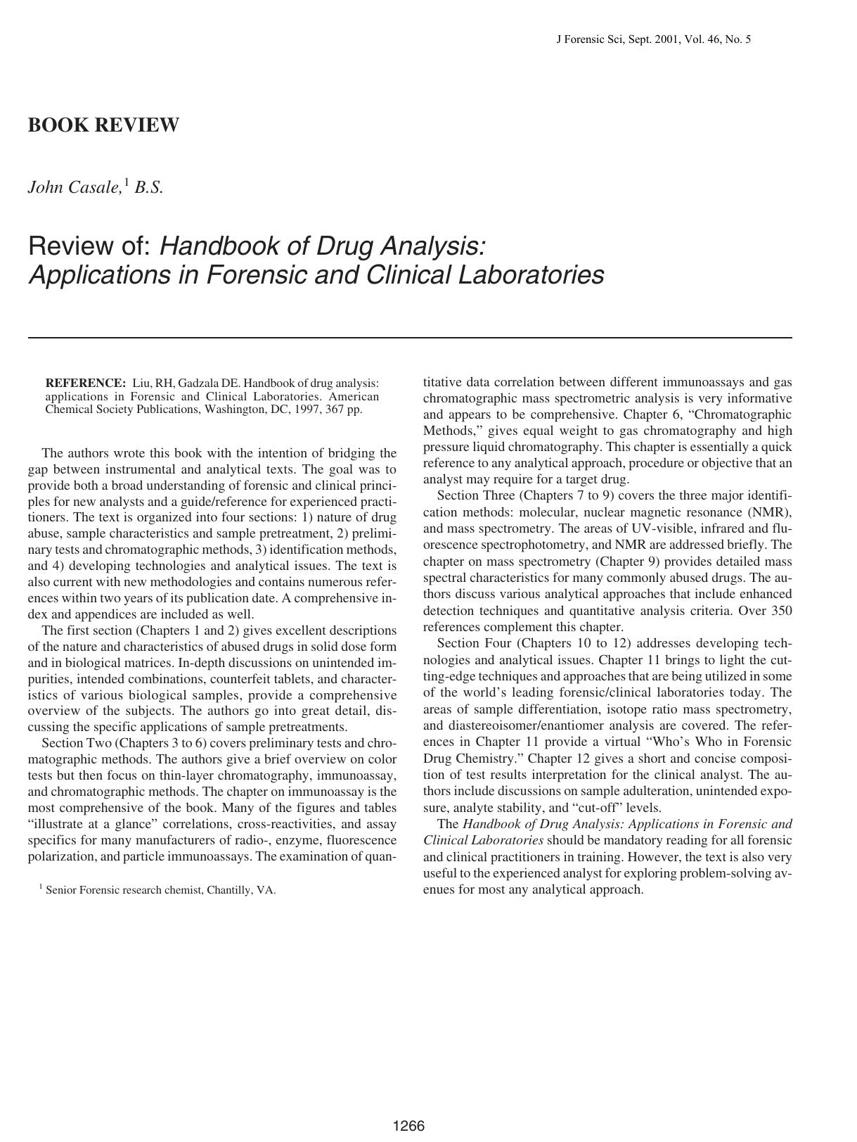 Review of: handbook of drug analysis : applications in forensic and clinical laboratories by Casale J
