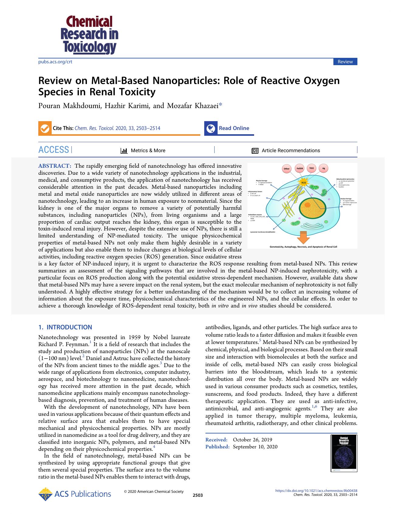 Review on Metal-Based Nanoparticles: Role of Reactive Oxygen Species in Renal Toxicity by Pouran Makhdoumi Hazhir Karimi and Mozafar Khazaei