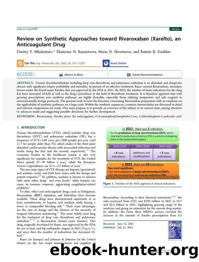 Review on Synthetic Approaches toward Rivaroxaban (Xarelto), an Anticoagulant Drug by Dmitry Y. Mladentsev Ekaterina N. Kuznetsova Maria N. Skvortsova and Ratmir R. Dashkin