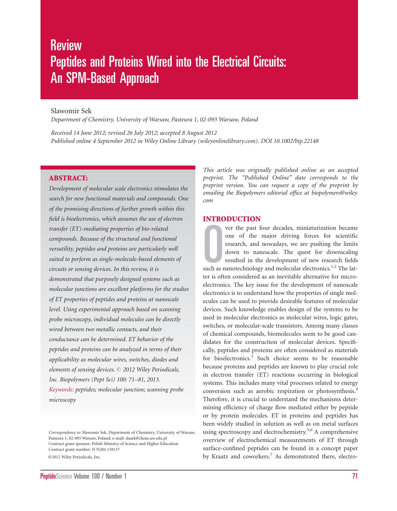 Review peptides and proteins wired into the electrical circuits: An SPMbased approach by Unknown