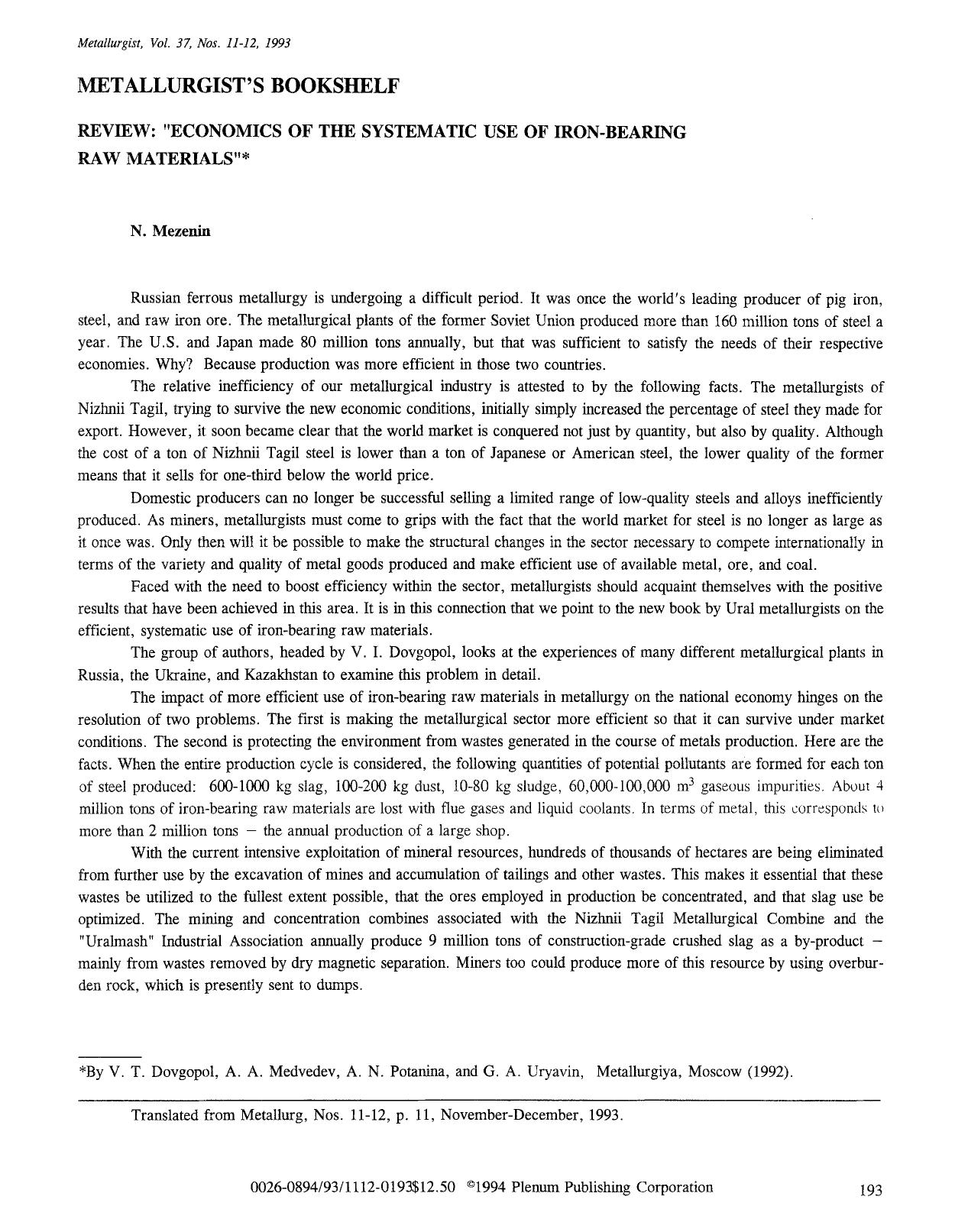 Review: &#x201C;Economics of the systematic use of iron-bearing raw materials&#x201D; by Unknown