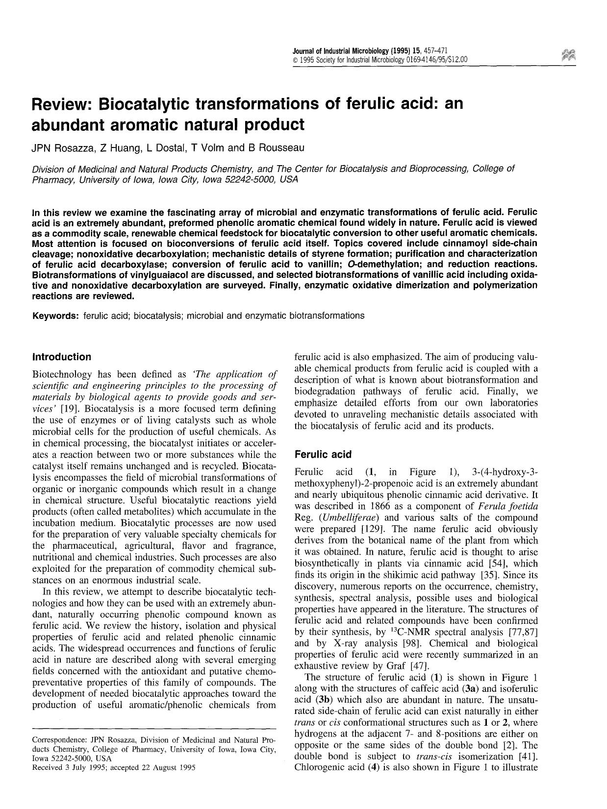 Review: Biocatalytic transformations of ferulic acid: An abundant aromatic natural product by Unknown