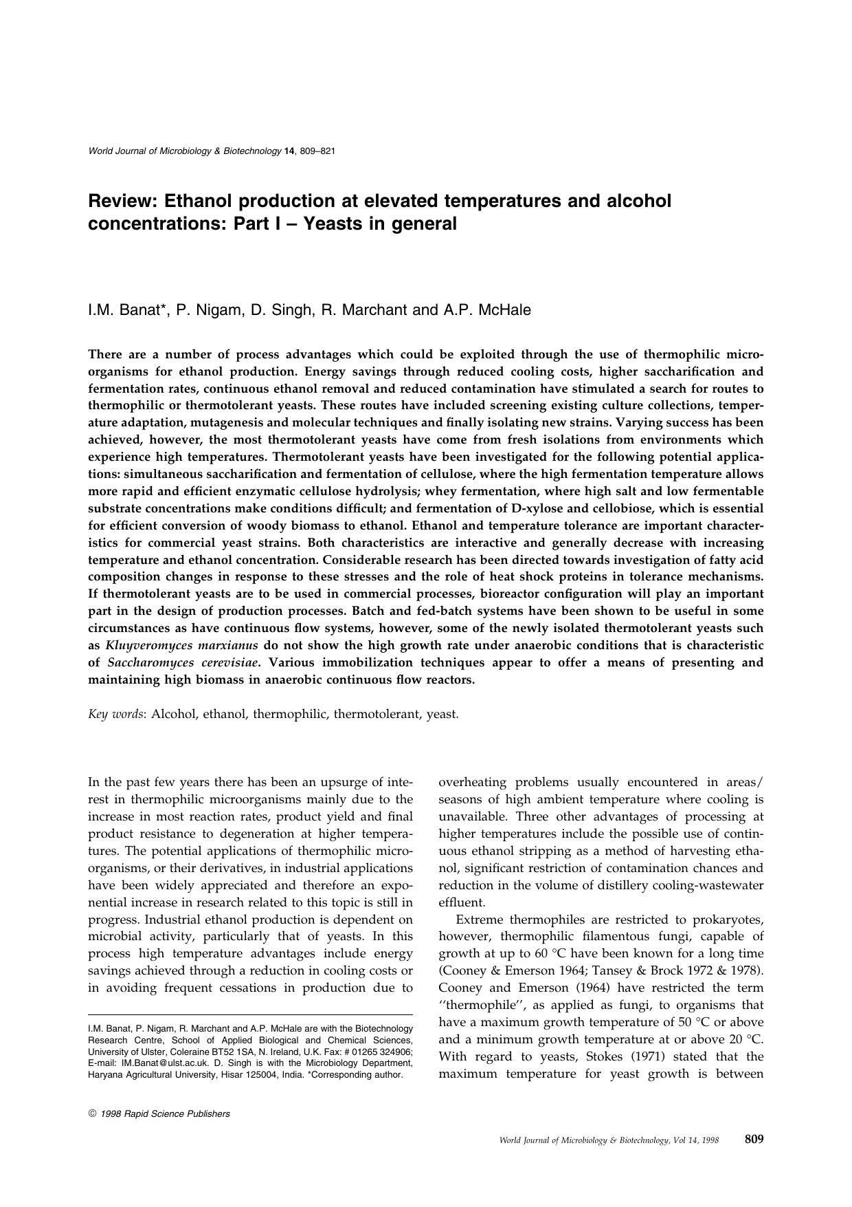 Review: Ethanol production at elevated temperatures and alcohol concentrations: Part I &#x2013; Yeasts in general by Unknown