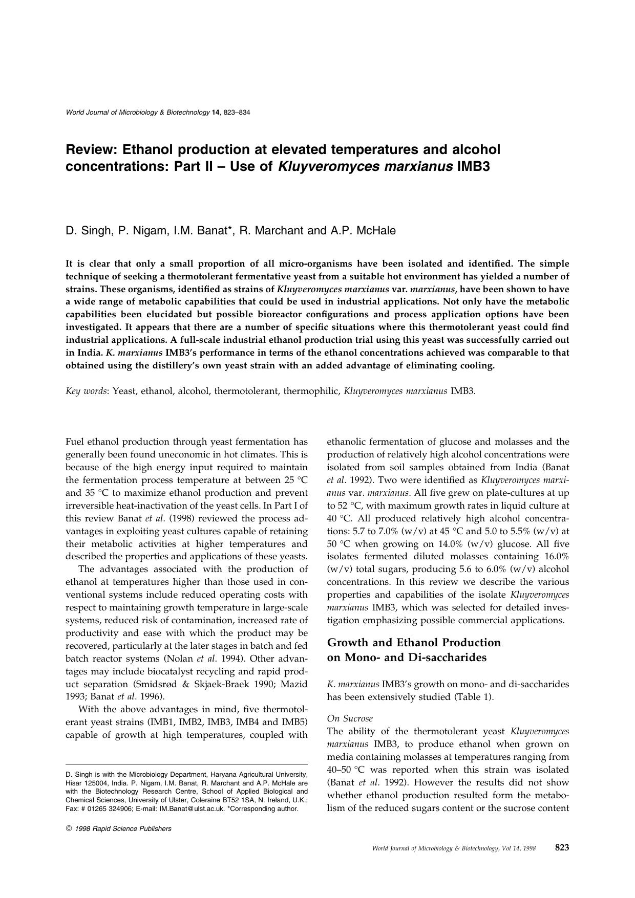 Review: Ethanol production at elevated temperatures and alcohol concentrations: Part II &#x2013; Use of Kluyveromyces marxianus IMB3 by Unknown