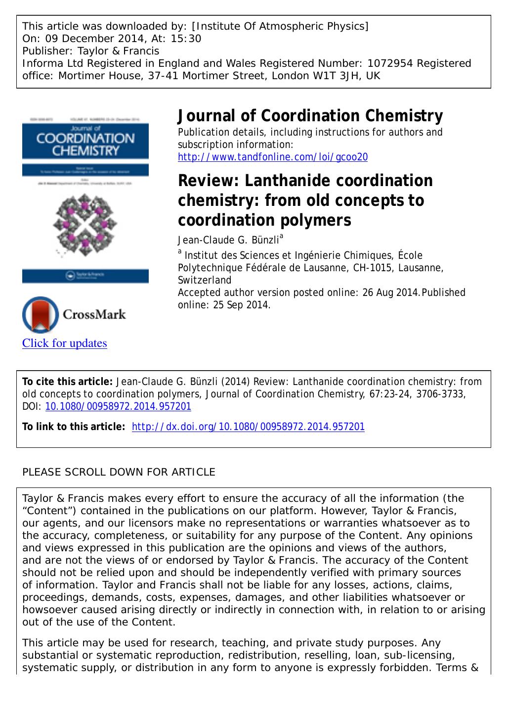 Review: Lanthanide coordination chemistry: from old concepts to coordination polymers by Jean-Claude G. Bünzli