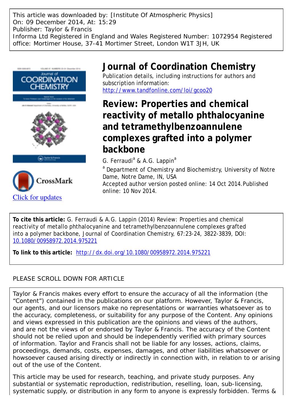 Review: Properties and chemical reactivity of metallo phthalocyanine and tetramethylbenzoannulene complexes grafted into a polymer backbone by G. Ferraudi