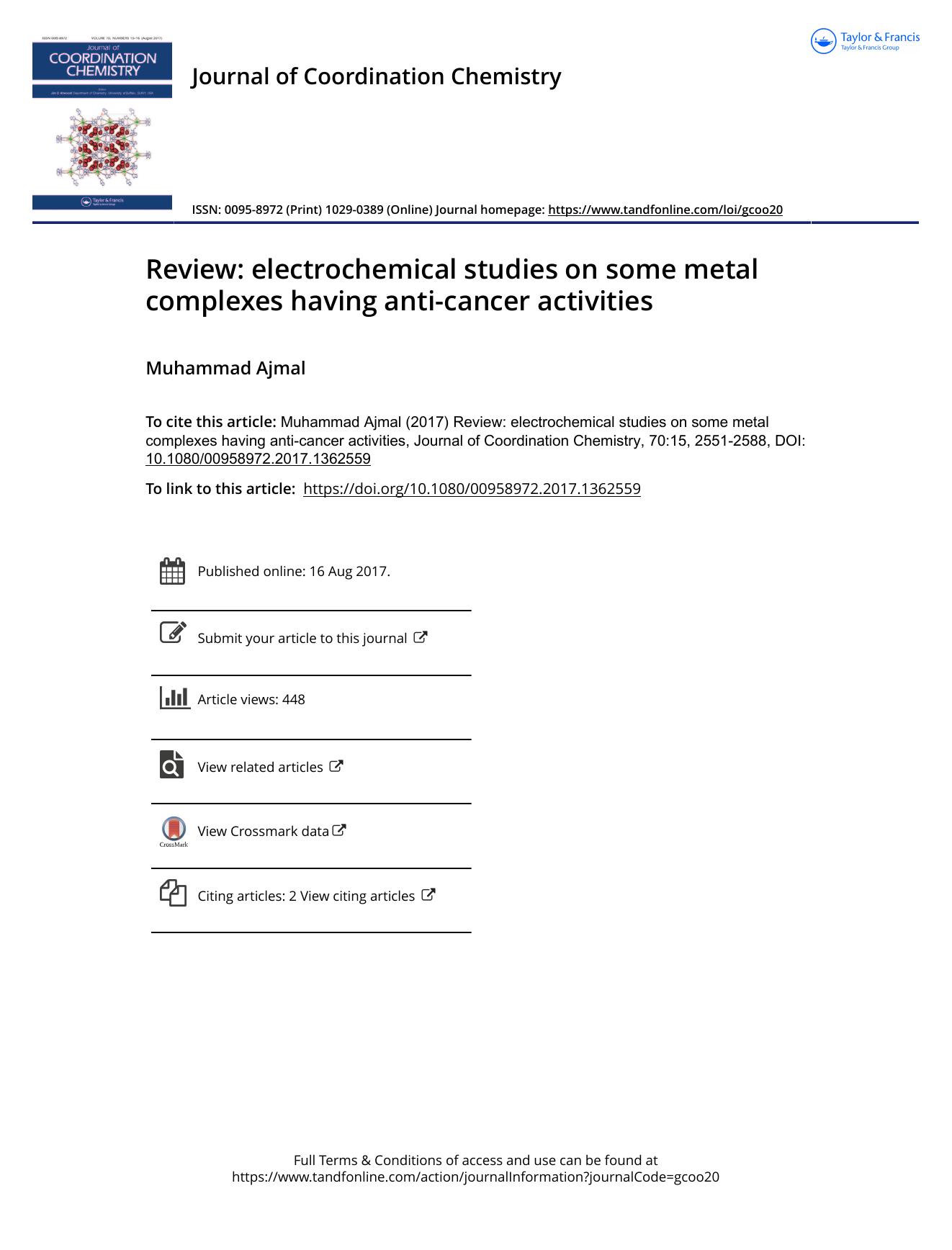 Review: electrochemical studies on some metal complexes having anti-cancer activities by Muhammad Ajmal
