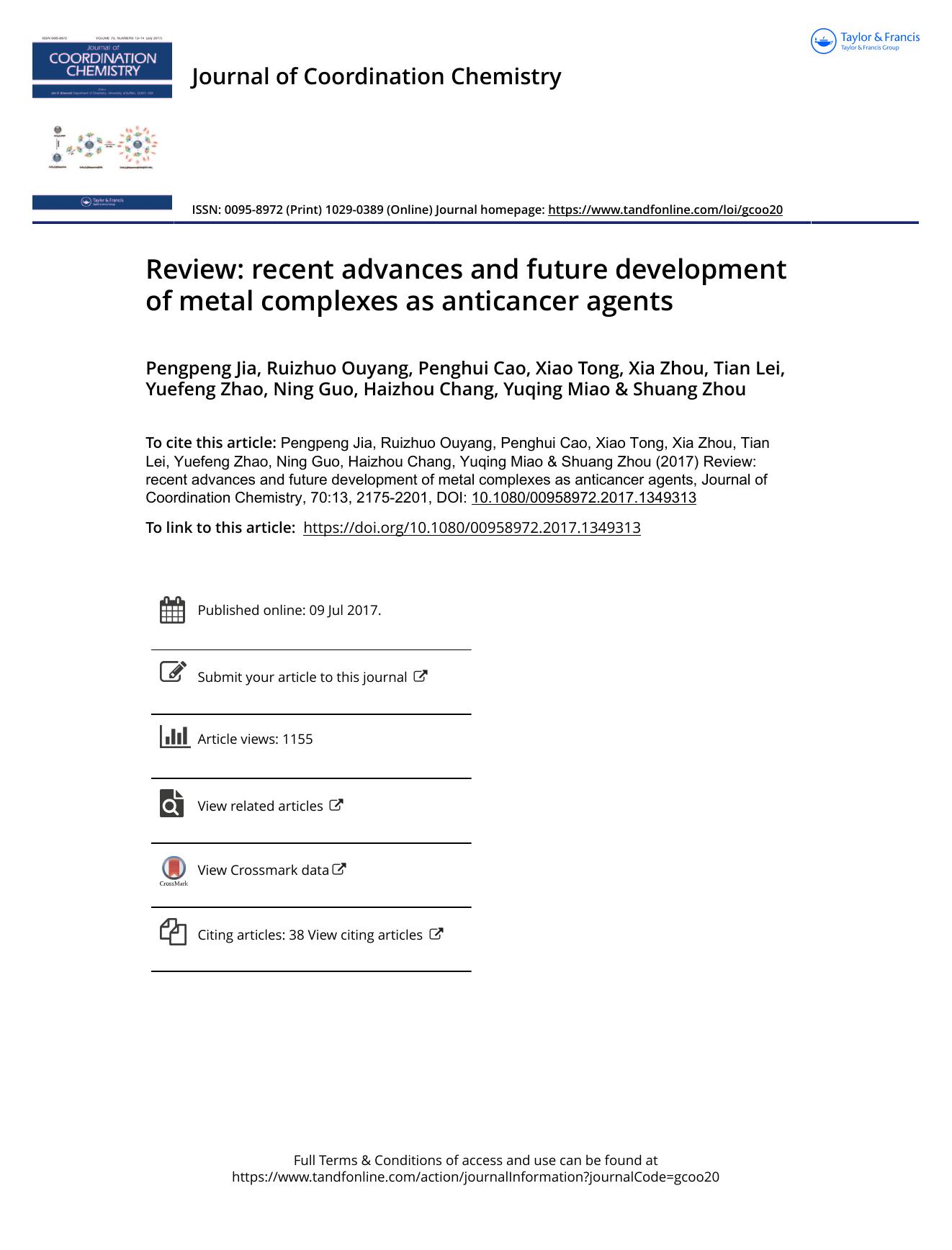 Review: recent advances and future development of metal complexes as anticancer agents by unknow