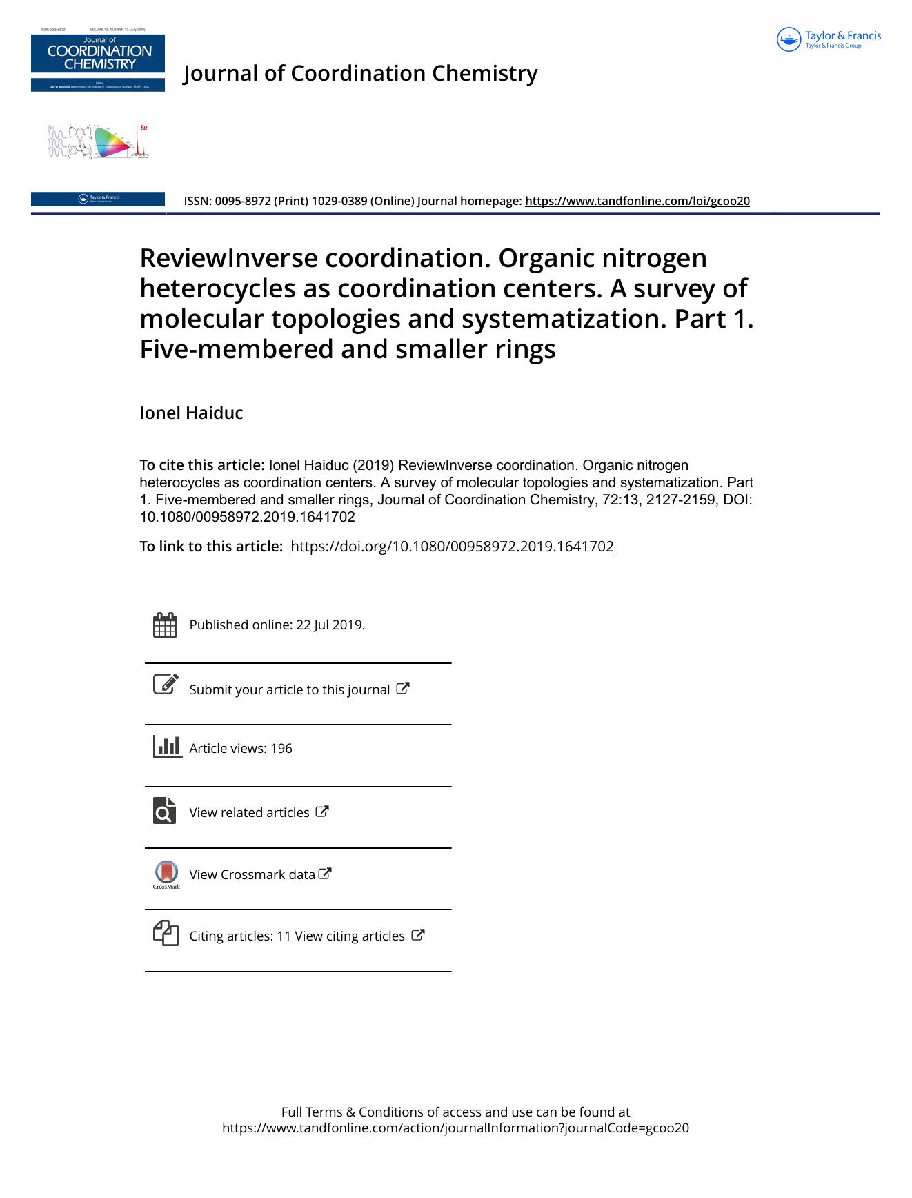 ReviewInverse coordination. Organic nitrogen heterocycles as coordination centers. A survey of molecular topologies and systematization. Part 1. Five-membered and smaller rings by Haiduc Ionel