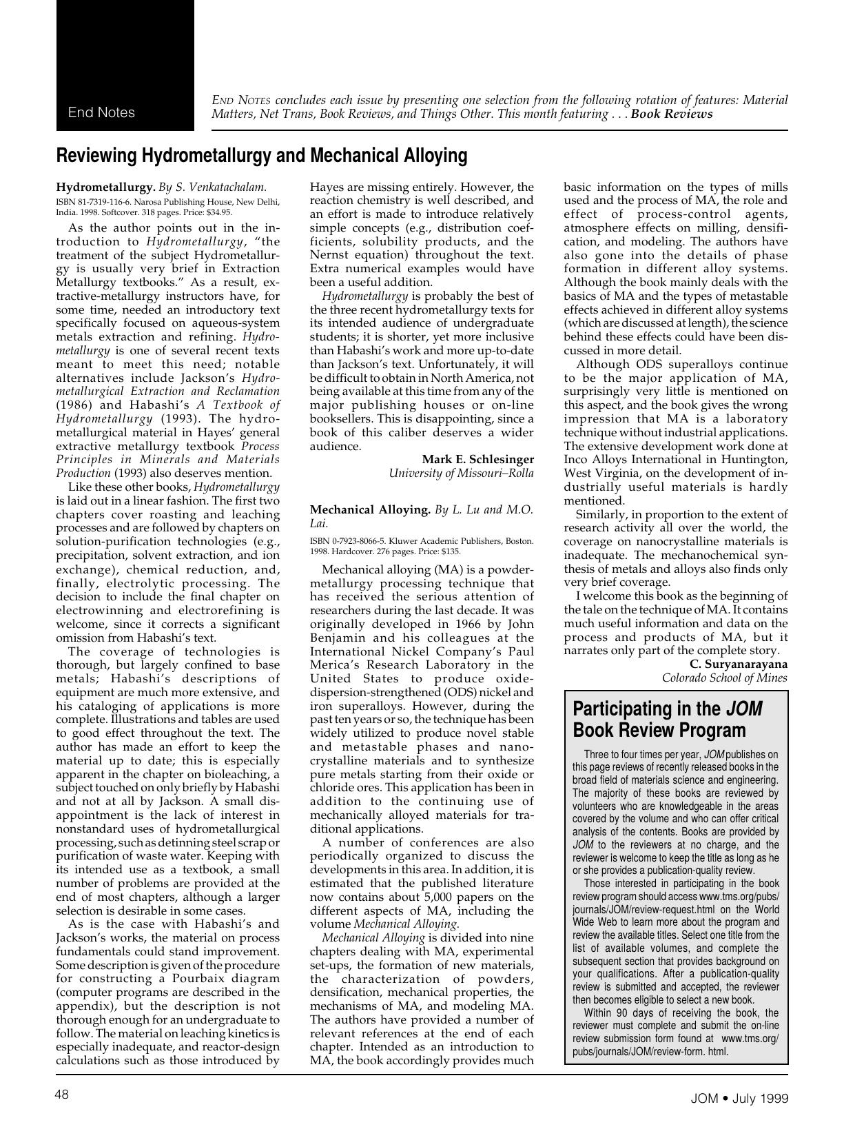 Reviewing hydrometallurgy and mechanical alloying by Unknown