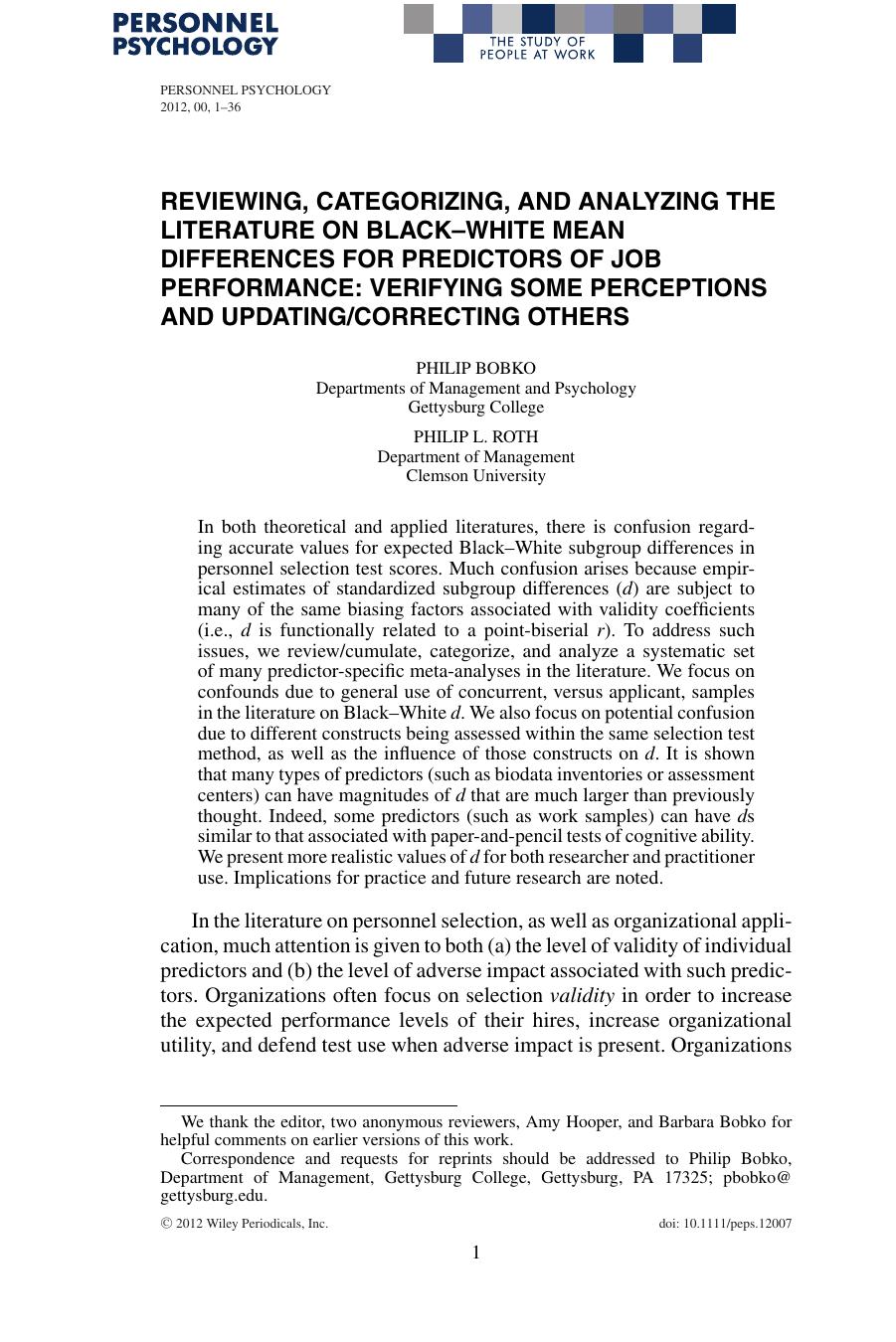Reviewing, Categorizing, and Analyzing the Literature on BlackWhite Mean Differences for Predictors of Job Performance: Verifying Some perceptions and UpdatingCorrecting Others by Verifying Some Perceptions & Updating-Correcting Others (2012) by Philip Bobko & Philip L. Roth