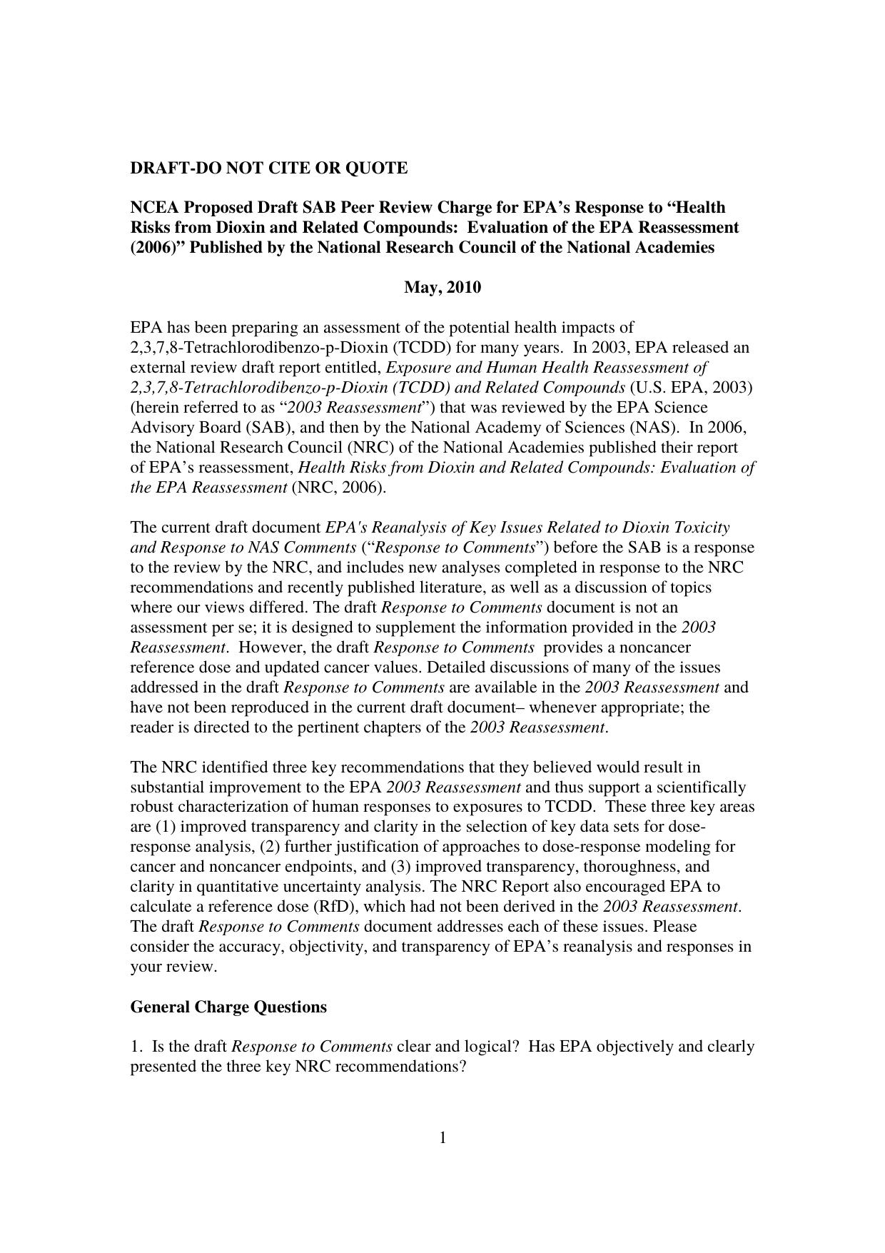 Revised Dioxin Charge Questions by USEPA | ORD | NCEA